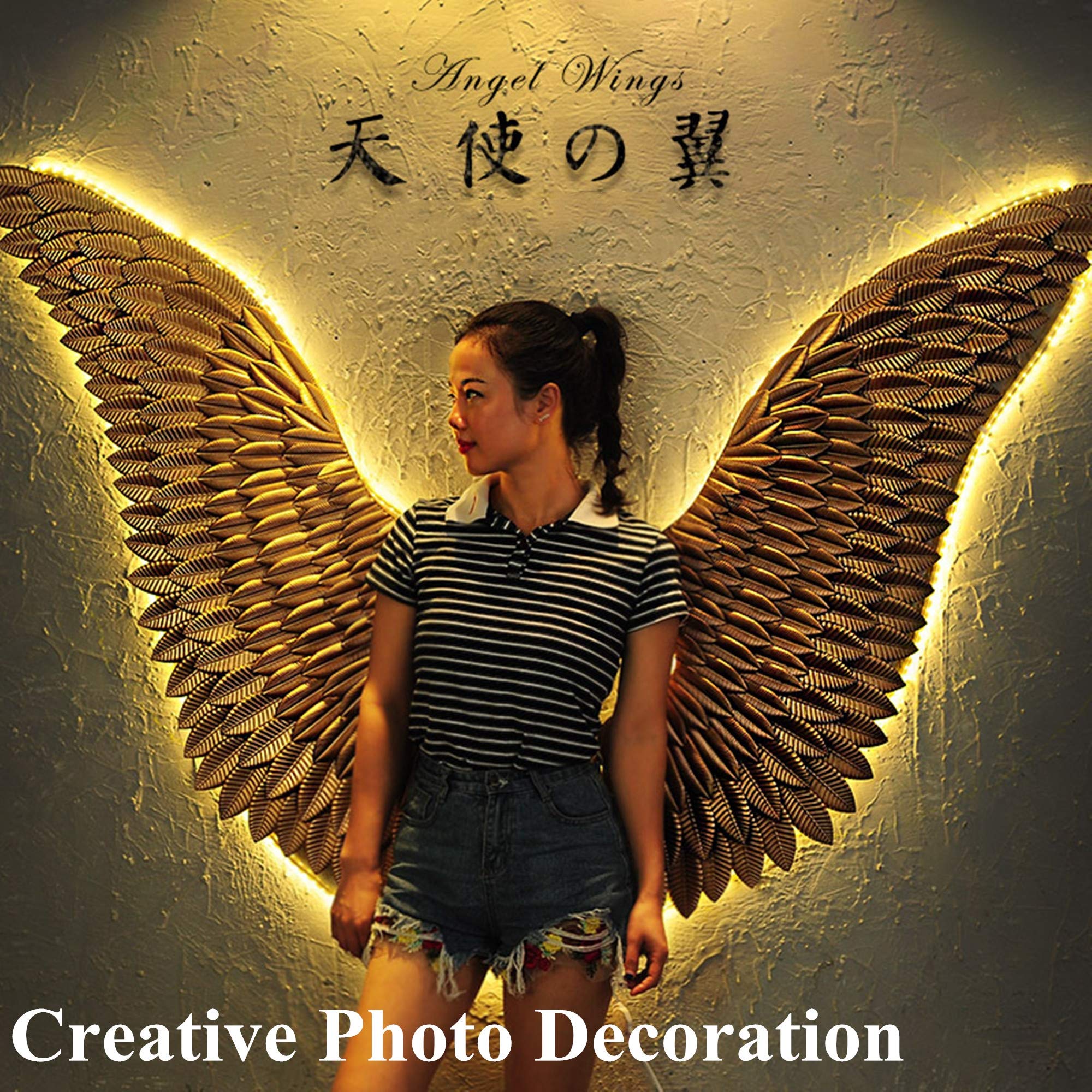 3D LED Angel Wing Metal Wall Art - Gold Wrought Iron Sculpture with Neon Lights for Beer Bar, Wedding, Party & Christmas Decor (110x100cm) - Perfect for Home, Restaurant, and Event Wall Decoration