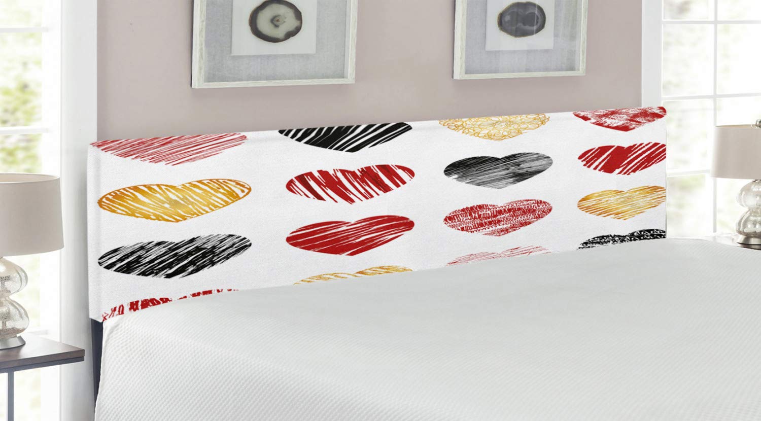 Ambesonne Romantic Upholstered Headboard - King Size Bed Frame with Memory Foam, Hand-Painted Heart & Love Design for Valentine's Wedding Decor - Pale Coffee Black Red | Perfect for Master Bedroom, Guest Room & Romantic Home Decor