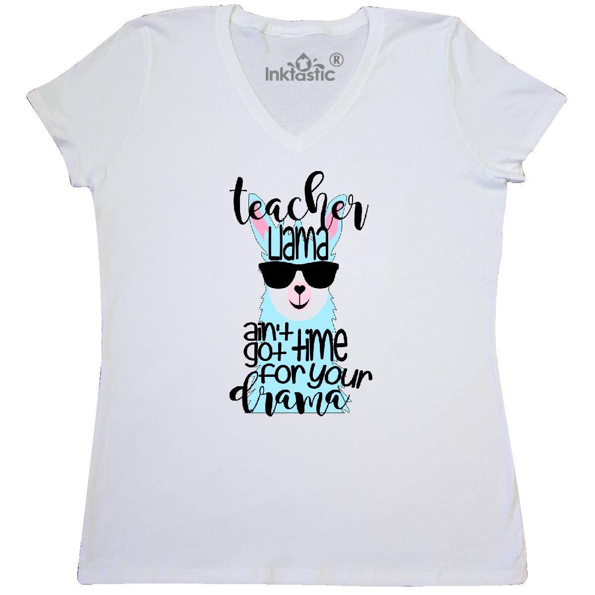 Inktastic Funny Teacher Llama Women's V-Neck T-Shirt - 'Ain't Got Time for Your Drama' Saying - Perfect for Classroom, Teacher Appreciation & Casual Wear