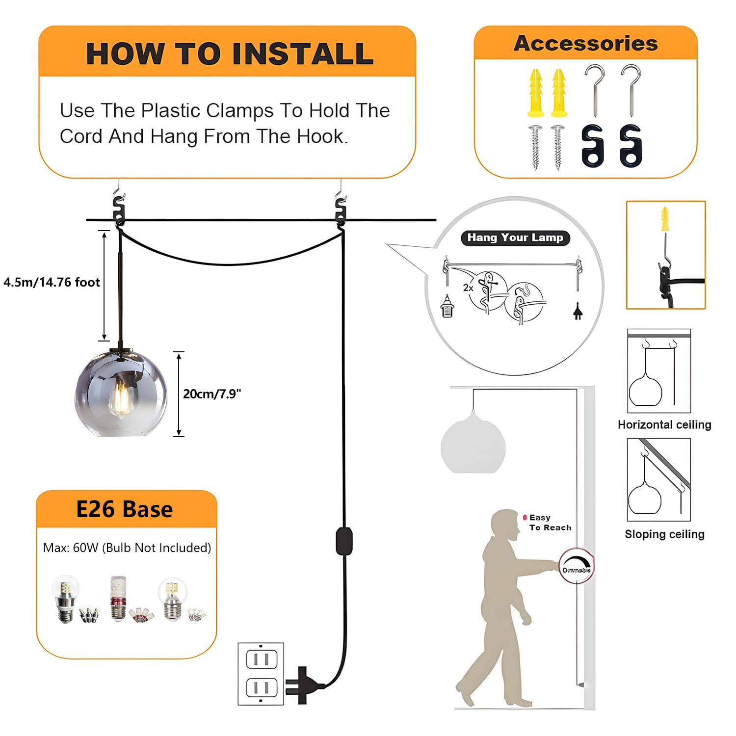 KCO Lighting Plug-in Hanging Light Fixture - Mercury Glass Pendant Lights for Kitchen Island, Dining Room & Bedroom - Mid Century Modern Black Globe Pendant Lamp with Plug-in Design | Perfect for Home Decor, Restaurant Lighting & Office Spaces