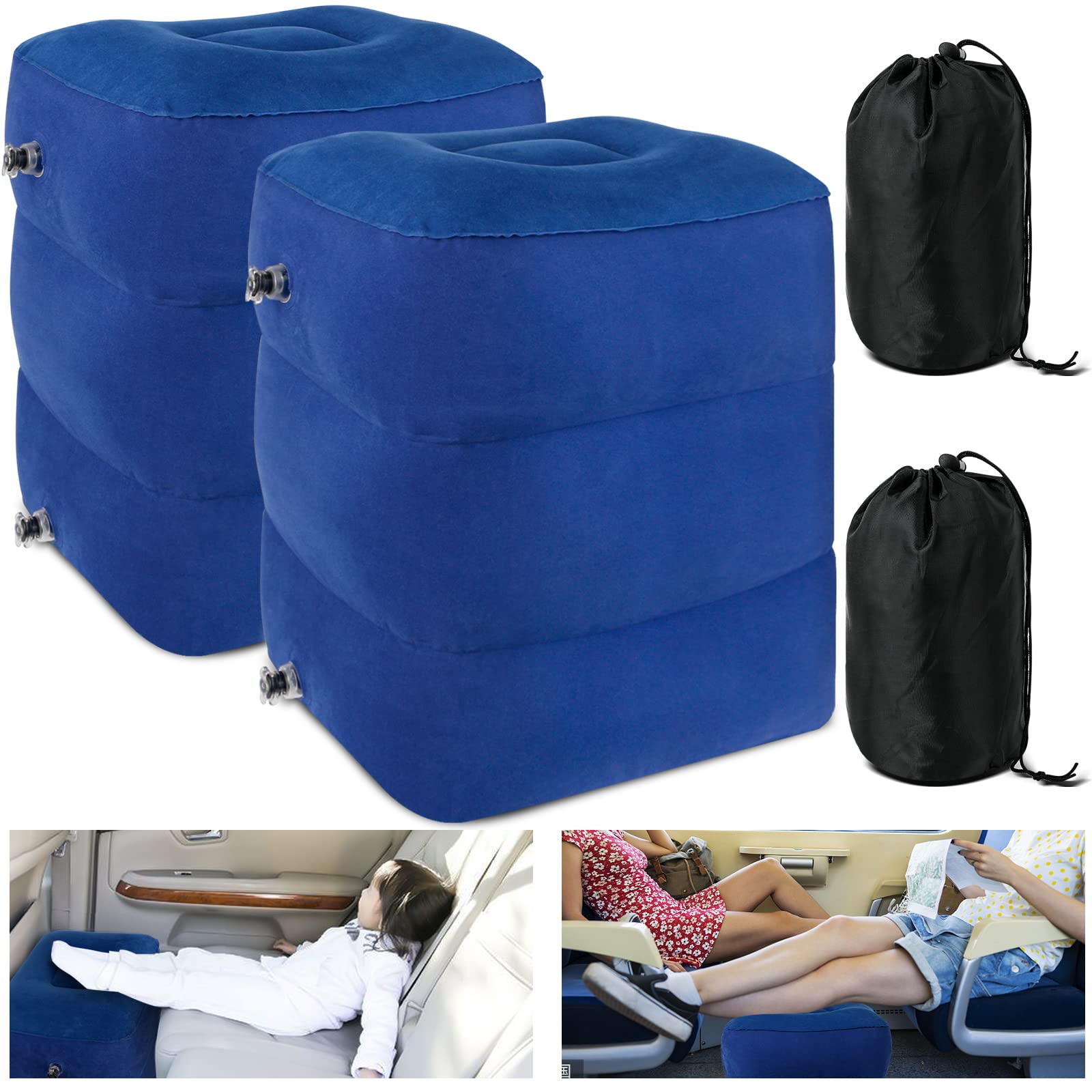 Inflatable Travel Foot Rest Pillow for Kids & Adults - Adjustable Height Airplane Leg Pillow for Sleeping, Car, Train & Office Use - Portable Comfort for Long Flights & Road Trips (2 Pack, Blue)
