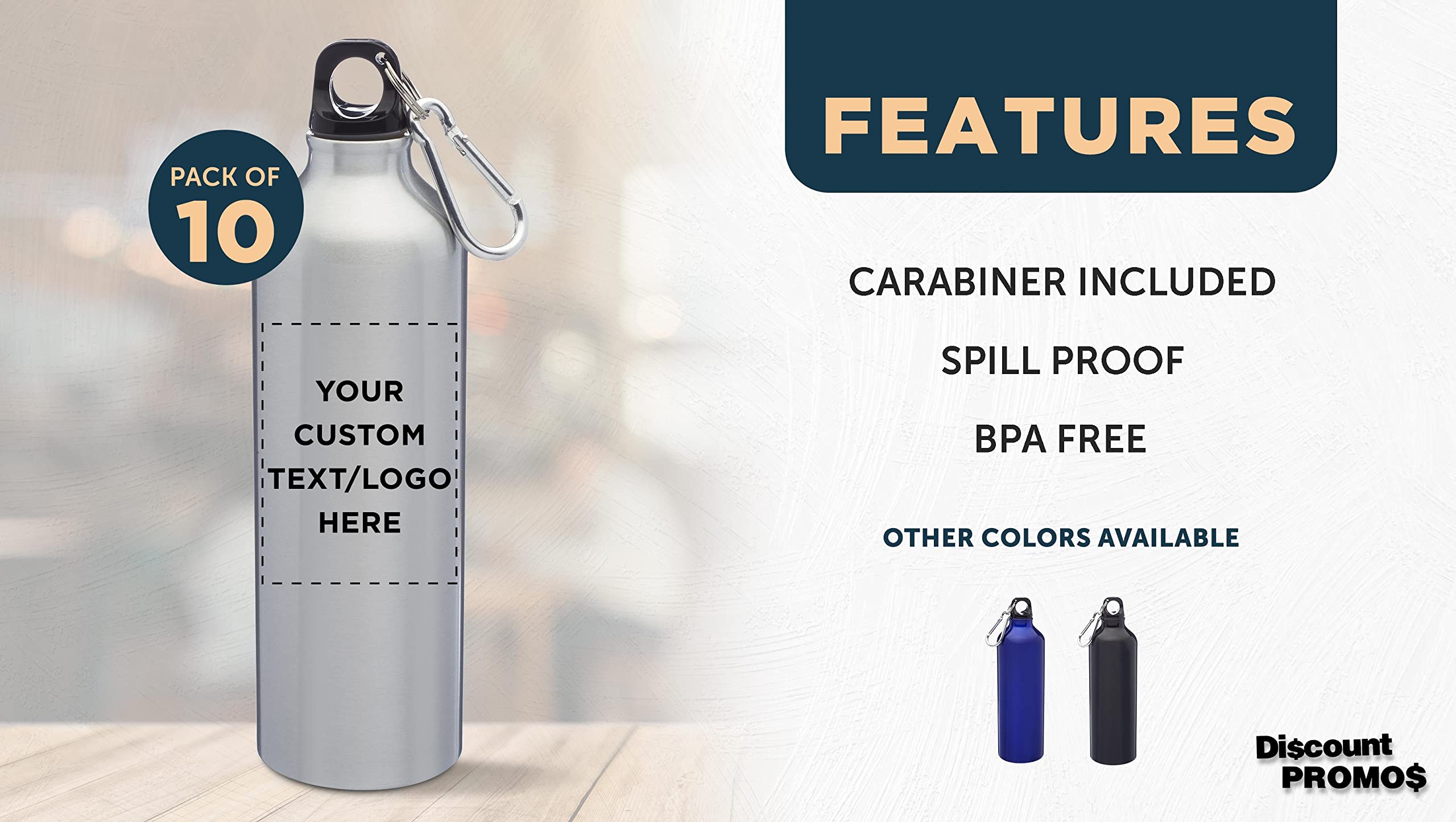 Custom 24oz Aluminum Water Bottles with Carabiner Clip - Bulk Set of 10 Personalized Sport Bottles - Ideal for Gym, Hiking, Camping, Running & Cycling - Durable BPA-Free Reusable Water Bottle for Outdoor Adventures & Team Events - Silver
