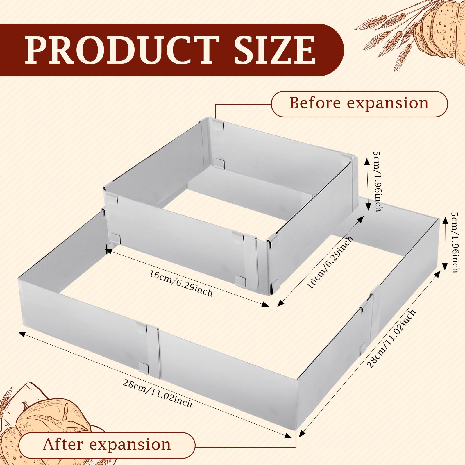 EORTA Adjustable Stainless Steel Cake Mold - Square Mousse Cake Ring (5.9
