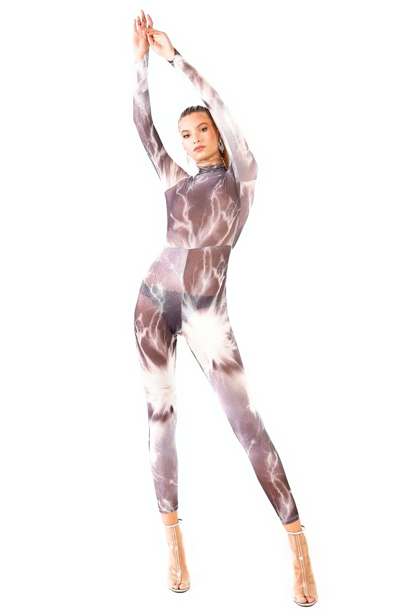 Purple-Grey Lightning Print Mock Neck Long Sleeve Fitted Catsuit Jumpsuit with Finger Loops - Perfect for Dance Performances, Cosplay & Fashion Shows