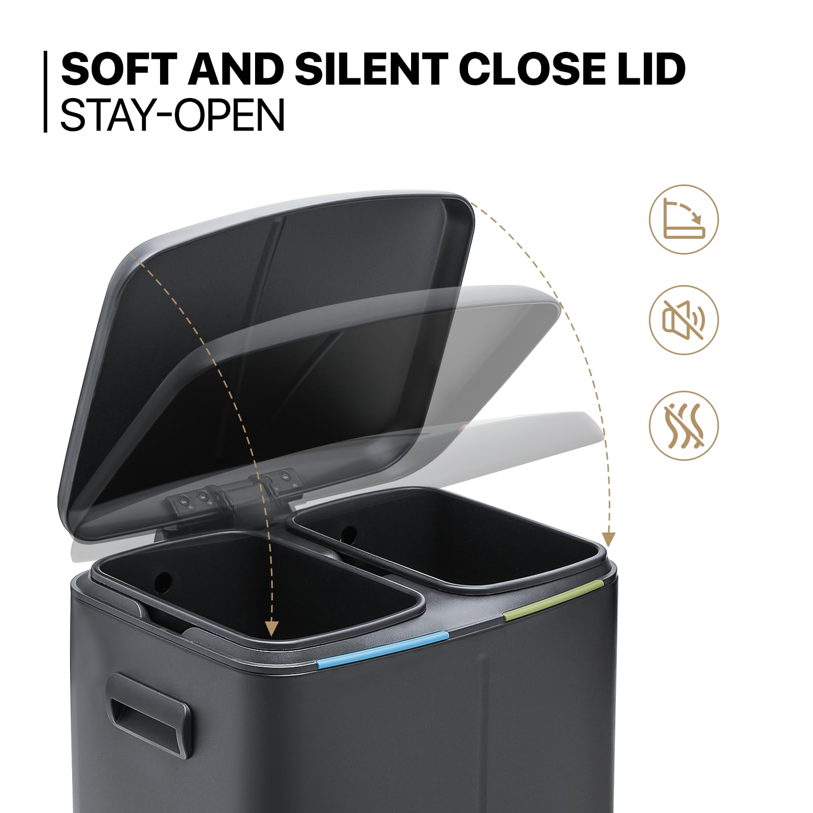 MoNiBloom 40L Dual Compartment Step Trash Can with Soft Close Lid - Fingerprint Proof Foot Pedal & Removable Inner Buckets for Kitchen, Bathroom, Bedroom, Office - Perfect for Waste Sorting & Odor Control in Home & Dorm Rooms