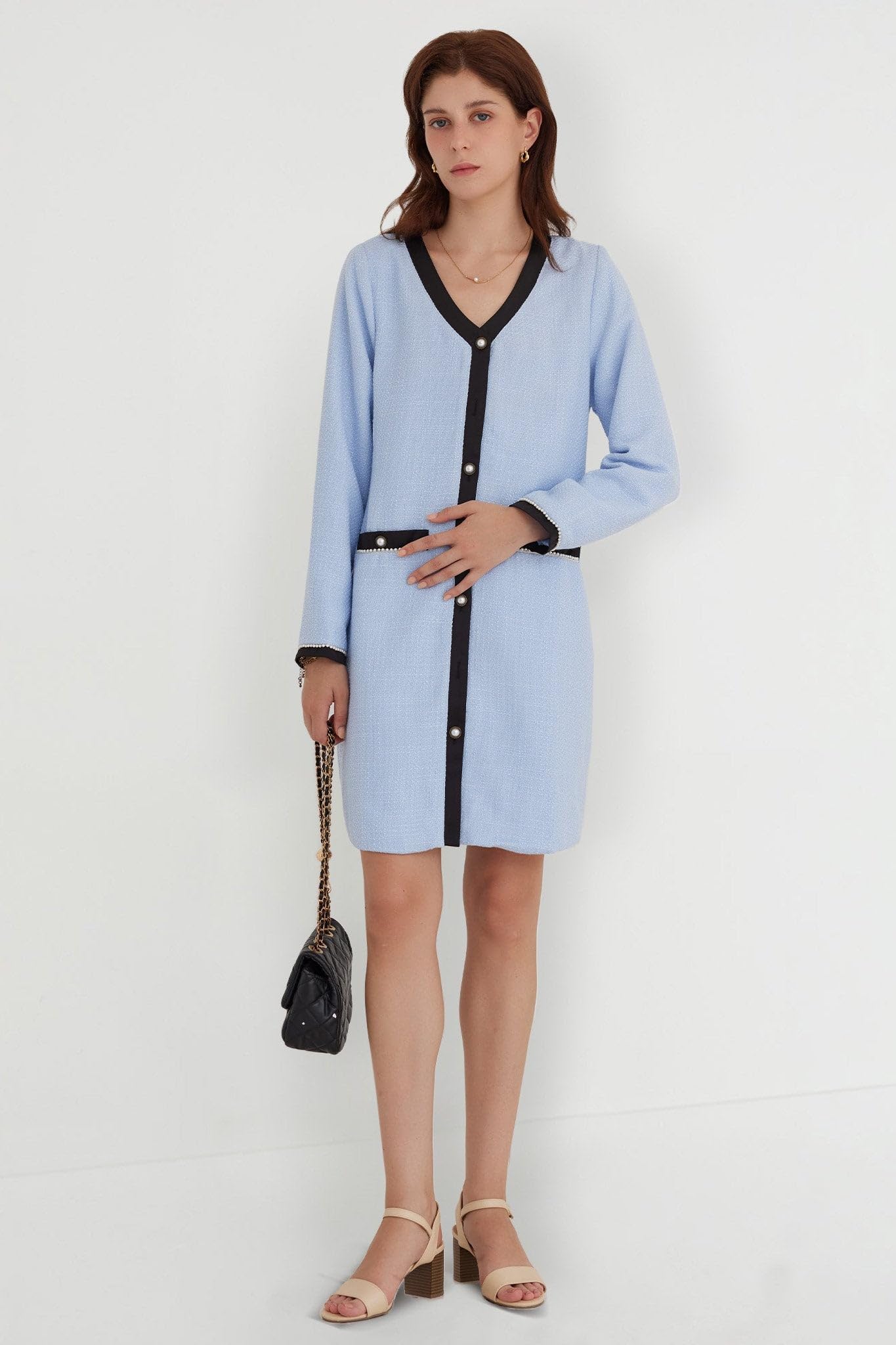 Elegant Women's Tweed Bow Mini Dress - Long Sleeve V-Neck Button Down Business Work Dress in Blue | Perfect for Office, Cocktail Parties & Formal Events