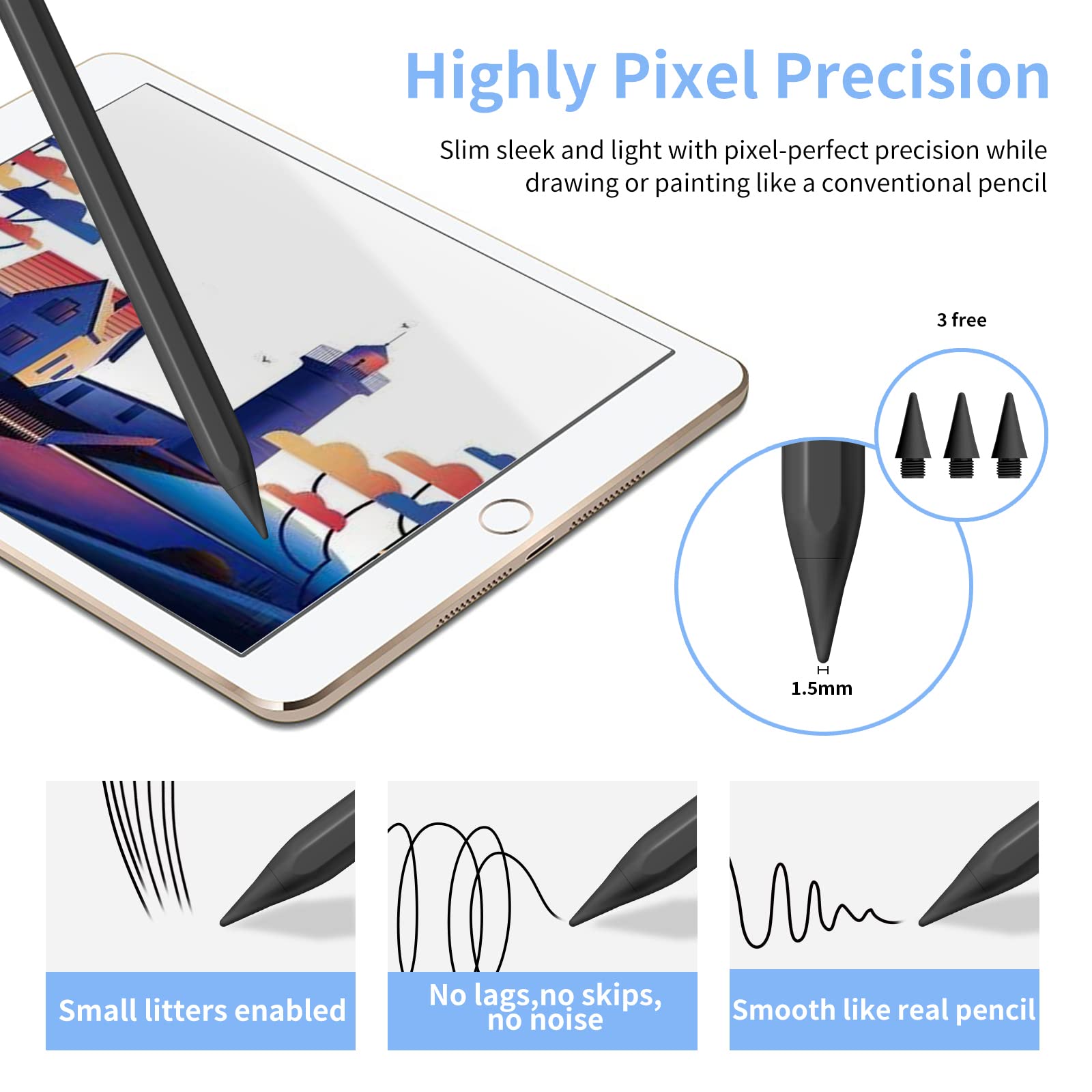 Apple Pencil Stylus for iPad 10th/9th/8th/7th/6th Gen, iPad Mini 6th/5th, iPad Air 5th/4th/3rd, iPad Pro 11 & 12.9 Inch - Tilt & Pressure Sensitive with Palm Rejection - Perfect for Drawing, Note-Taking & Digital Art