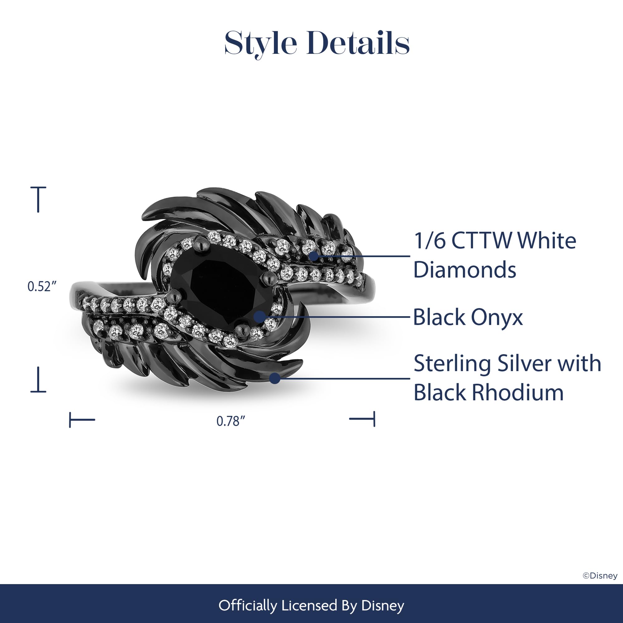 Enchanted Disney Maleficent Wings Ring - Sterling Silver with Black Rhodium, 1/6 Cttw Diamond & Onyx | Disney Jewelry for Women, Gifts for Disney Fans, Cosplay & Halloween Costume Accessories
