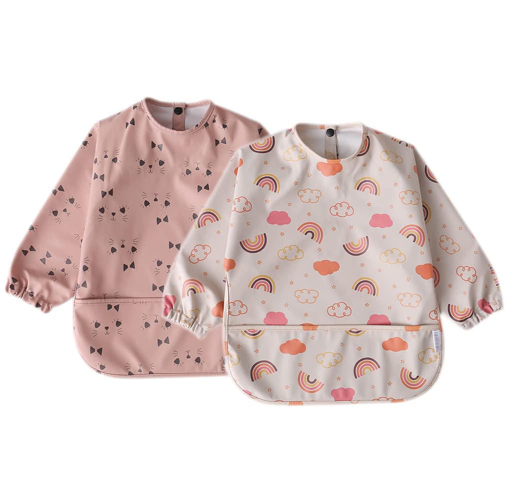 Waterproof Baby Bibs for Infants & Toddlers - Long Sleeve Feeding Bib with Food Catcher - Easy to Clean & Washable - 2 Pack - Perfect for Messy Mealtime, Baby Led Weaning & On-the-Go Feeding