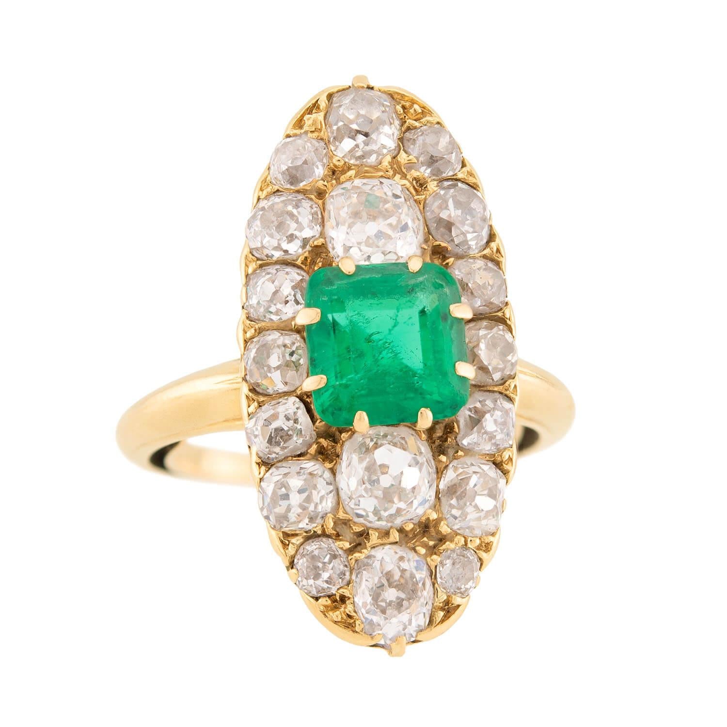 18k Gold Victorian French Emerald and Diamond Navette Ring – Elegant Vintage Jewelry for Weddings, Anniversaries & Special Occasions