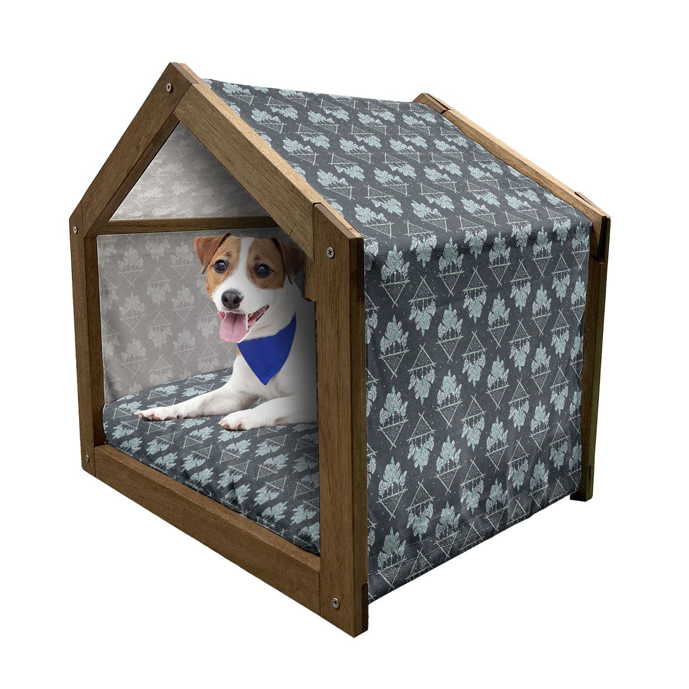 Ambesonne Wooden Pet House for Small Dogs - Portable Indoor & Outdoor Dog Kennel with Pillow & Cover - Mint Green Seafoam Design with Ethnic Dreamcatcher & Retro Hippie Patterns - Perfect for Home, Patio, Camping, and Travel Use