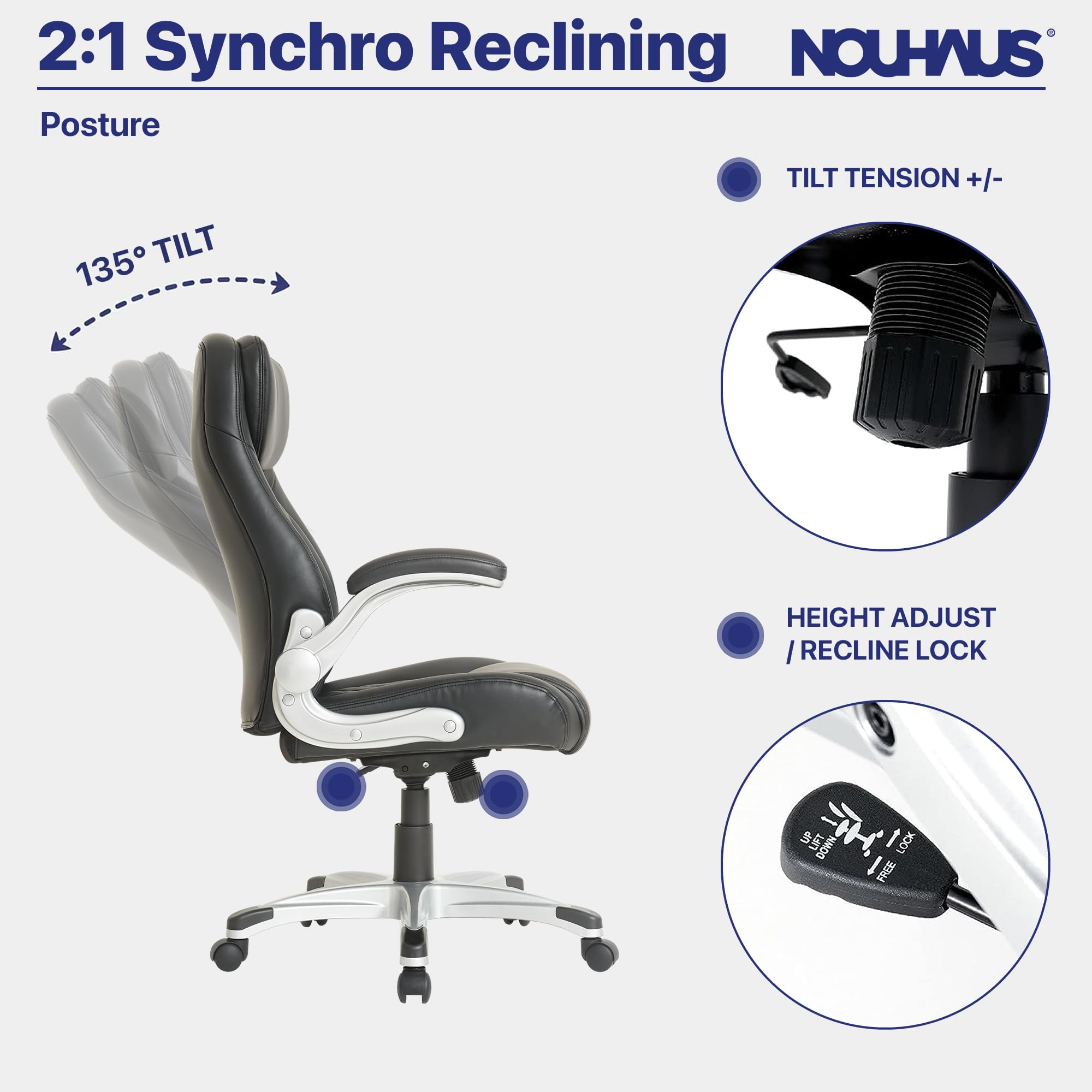 Nouhaus Posture Ergonomic PU Leather Office Chair with Click5 Lumbar Support & FlipAdjust Armrests - Modern Executive Desk Chair for Home & Office (Black) - Perfect for Long Work Hours, Gaming & Remote Work