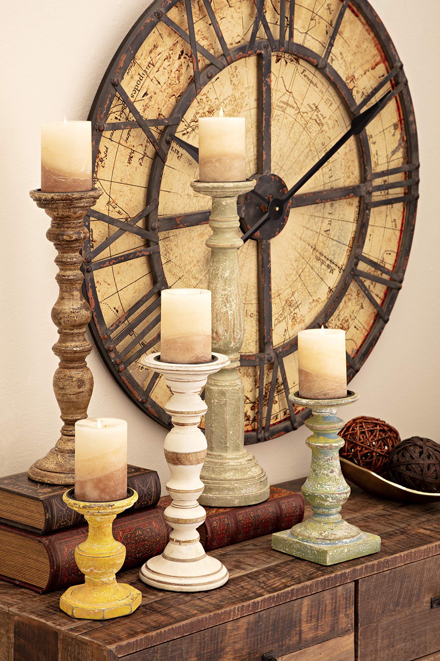 IMAX 5544-5 Set of 5 Mango Wood & Iron Distressed Candle Holders - 3 Inch Pillar Candle Stands - Rustic Home Decor for Dining Table, Wedding Centerpiece & Farmhouse Decor