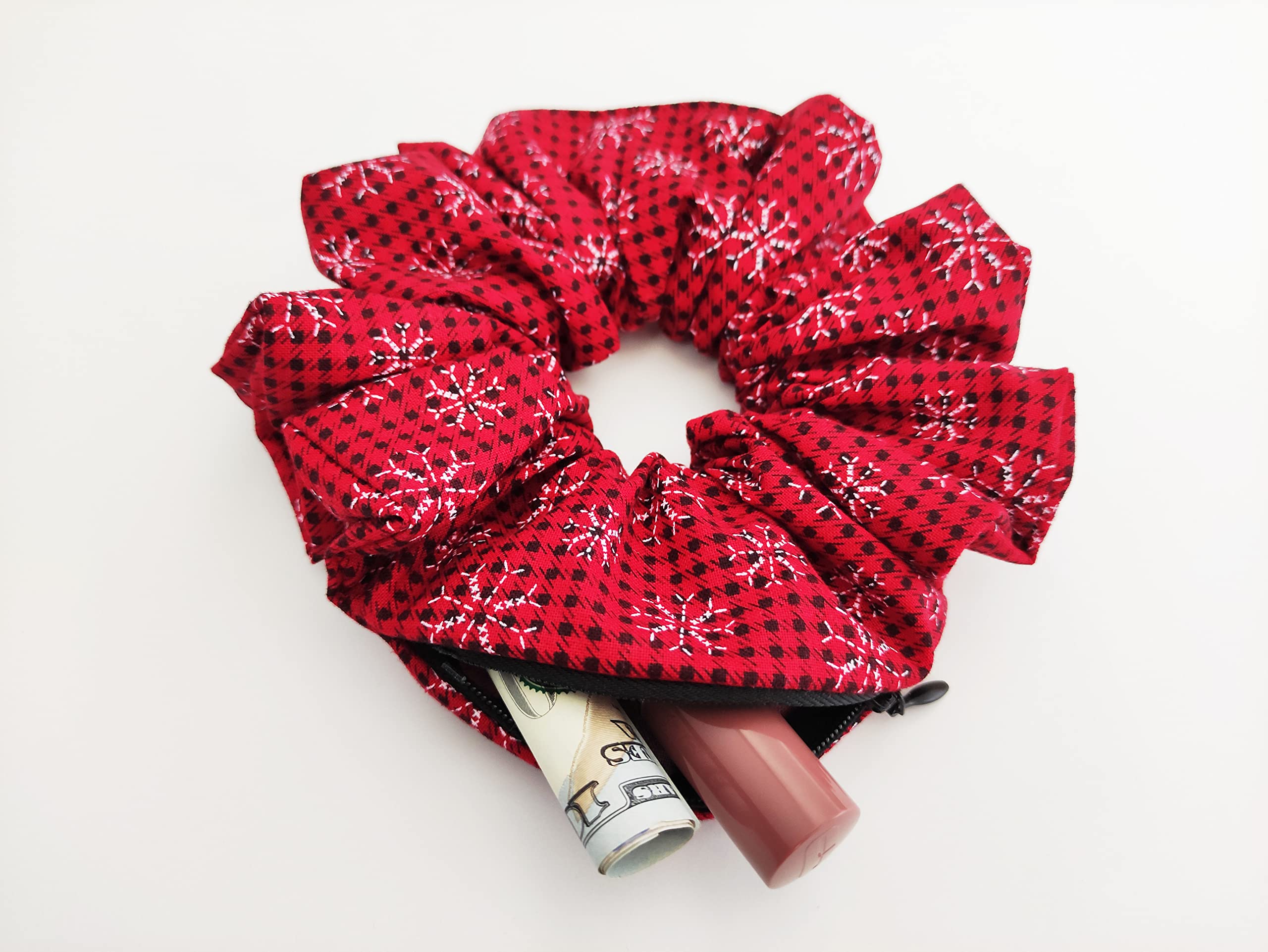 Big Red Plaid Zipper Scrunchie with Hidden Pocket - Large Red and Black Scrunchie Wallet for Women - Stashie Zippered Storage Pouch - Perfect for Cash, Cards & Essentials - Great Stocking Stuffer Gift Idea (Snowflakes Design) - Use for Gym, Travel, Shopping & Everyday Carry