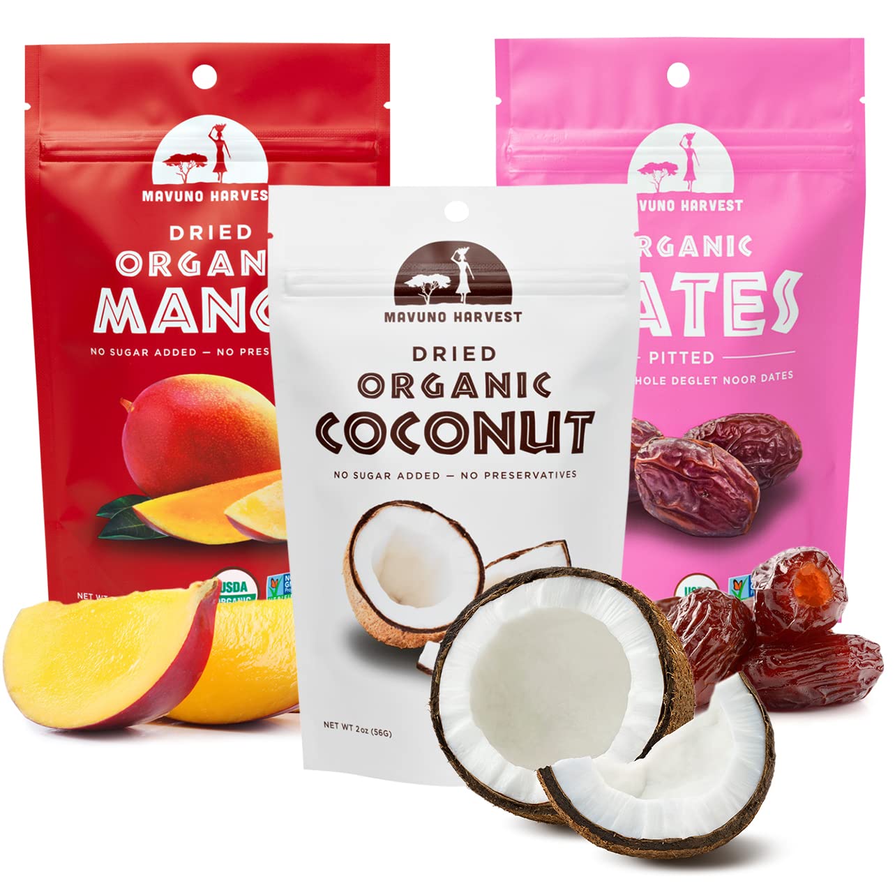 Organic Dried Fruit Variety Pack - Dried Mango, Coconut & Dates | Healthy Vegan Snacks No Sugar Added | Non-GMO, Gluten-Free | Perfect for Lunch Boxes, Office Snacks & Travel | 2oz (Pack of 3)