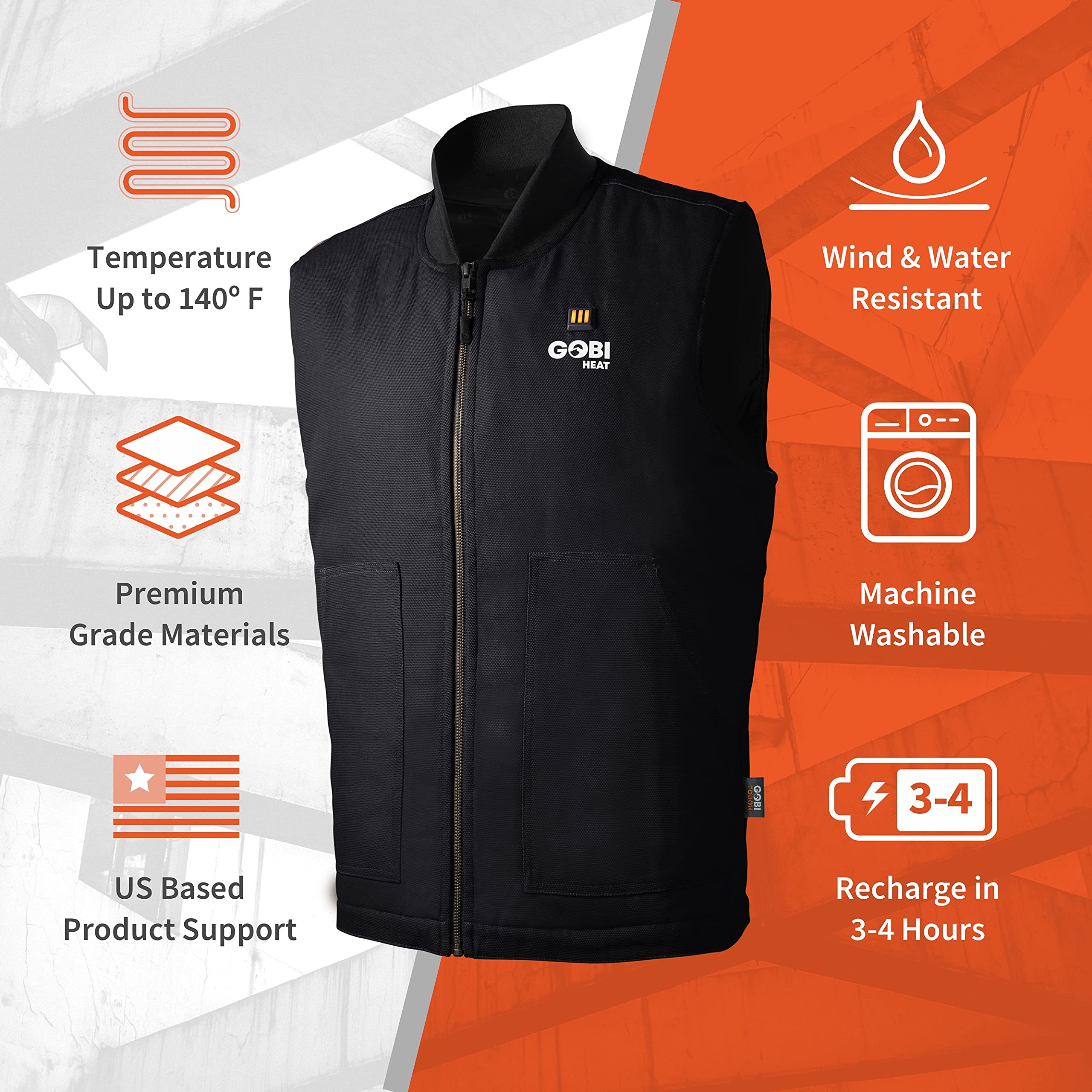 Ibex Men's Heated Work Vest with Battery Pack - 9 Hours Continuous Heating, 3 Adjustable Heat Settings (Includes USB Charging Cable) - Perfect for Outdoor Jobs, Winter Construction & Cold Weather Activities