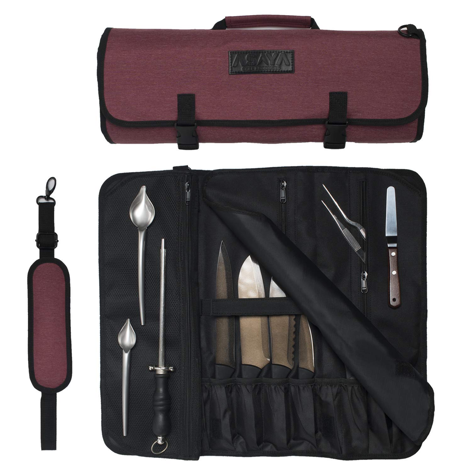 Asaya Professional Chef Knife Roll Bag - 20 Pockets for Knives & Kitchen Utensils - Stain-Resistant Waxed Nylon - Perfect for Chefs, Culinary Students & Home Cooks - Great for Cooking Classes, Restaurant Work & Travel (Red) - Knives Not Included