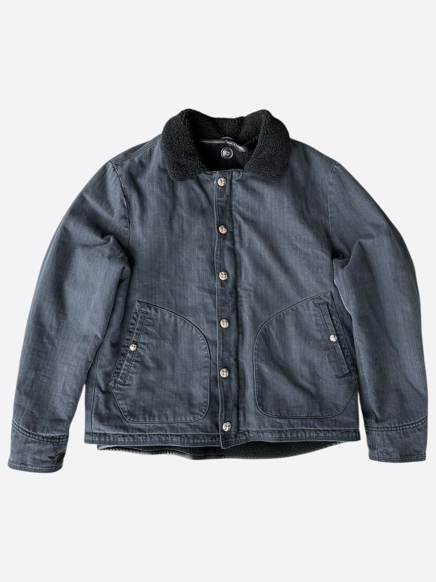 Chrome Hearts Black Herringbone Shearling Jacket for Men - Luxury Winter Coat with Warm Fleece Lining | Perfect for Cold Weather, Streetwear Fashion & Outdoor Activities