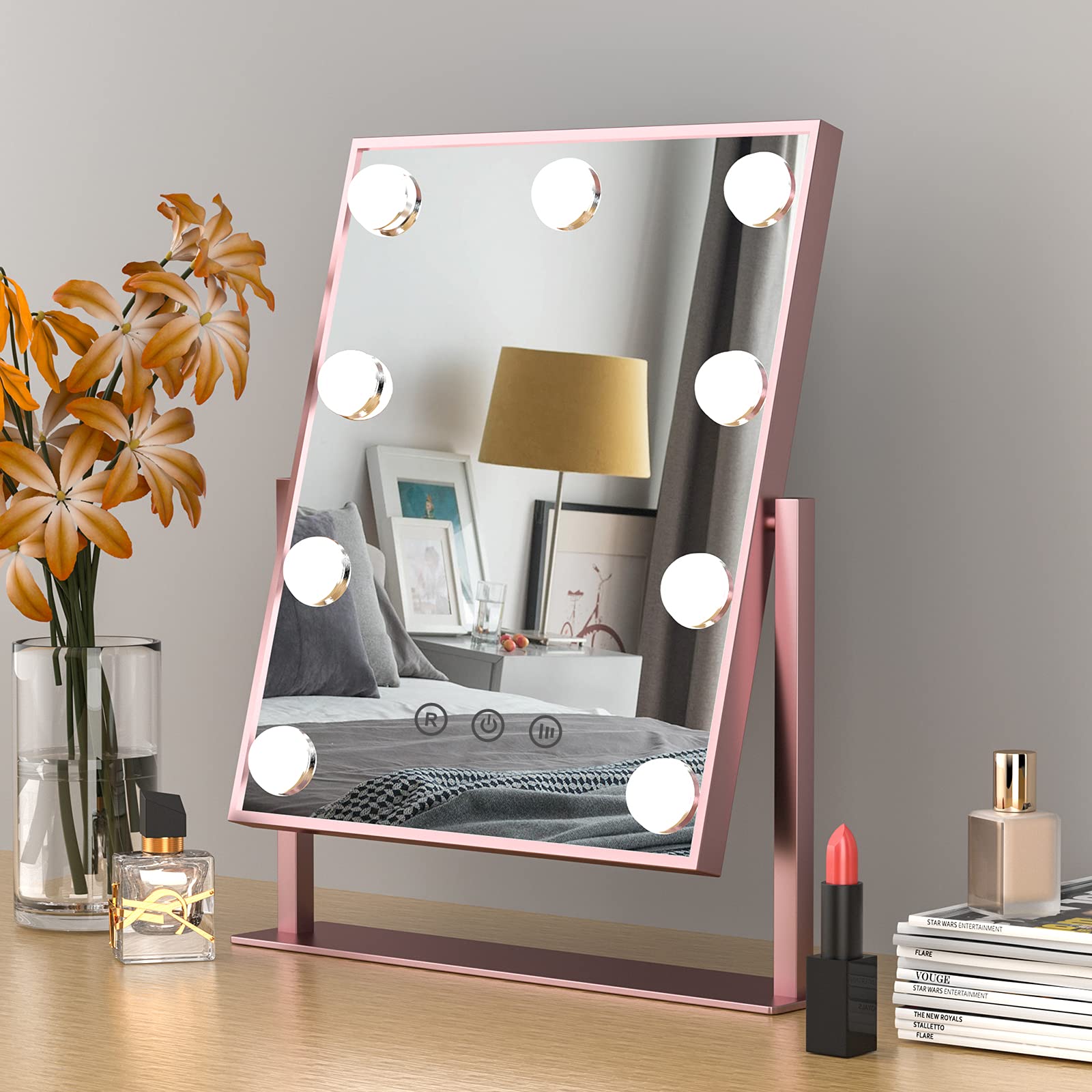 Professional Hollywood Vanity Makeup Mirror with LED Lights - 9 Dimmable Bulbs, 3 Color Modes & Touch Control - 360° Rotating Tabletop Mirror for Perfect Makeup Application (Bedroom, Dressing Room, Salon Use)
