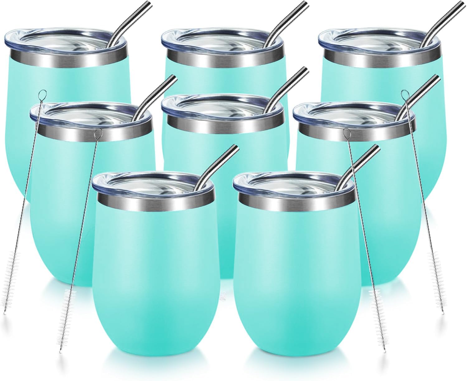 COMOOO 12oz Insulated Stainless Steel Wine Tumbler with Lid & Straw - 8 Pack (Blue) - Keeps Hot & Cold Drinks Perfect Temperature - Ideal for Coffee, Wine, Champagne, Cocktails - Great for Parties, Picnics, Office & Outdoor Activities