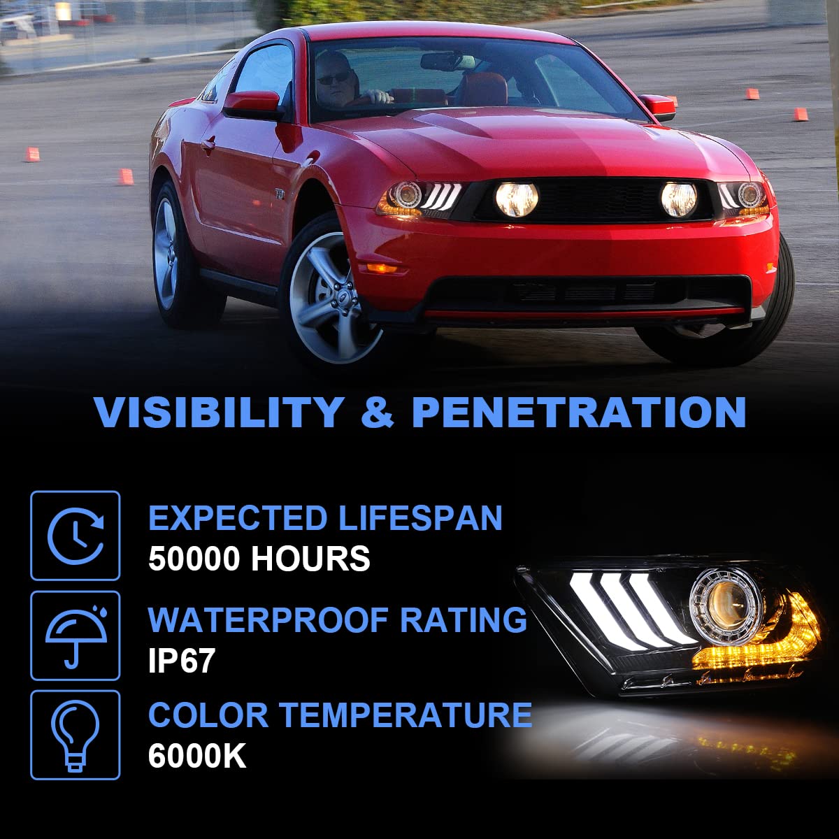 ROXX LED Sequential Headlights for 2010-2012 Ford Mustang (Halogen Models Only) - High/Low Beam Projector Headlights with S550 Style LED DRL & Amber Sequential Turn Signals - Driver & Passenger Side - Perfect for Night Driving & Car Customization