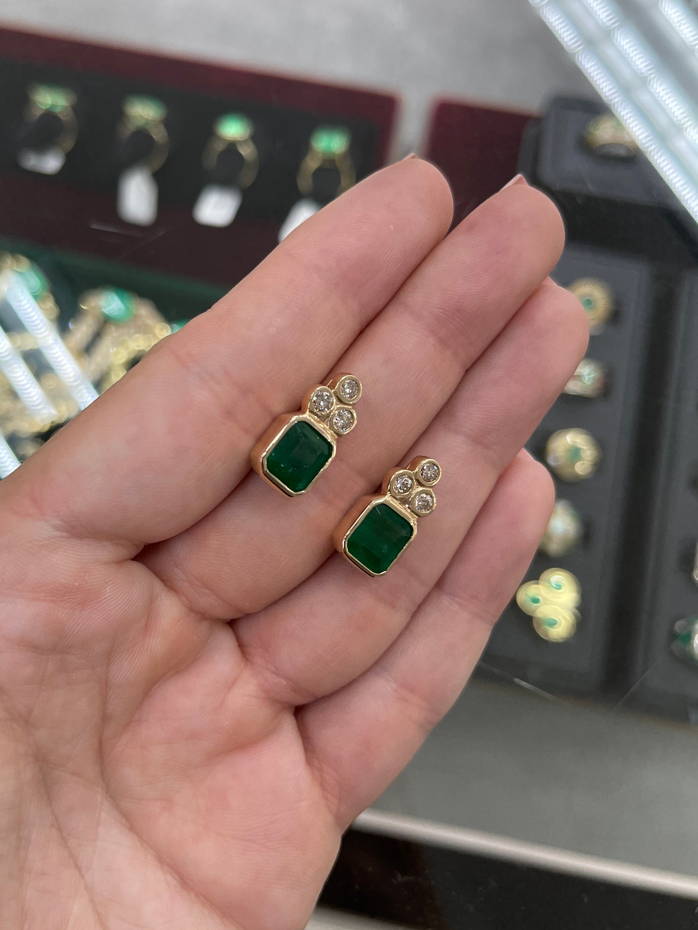 7.01tcw Natural Dark Forest Green Emerald Cut Emerald & Diamond Accent Bezel Earrings in 14K Gold - Elegant Jewelry for Weddings, Parties & Special Occasions