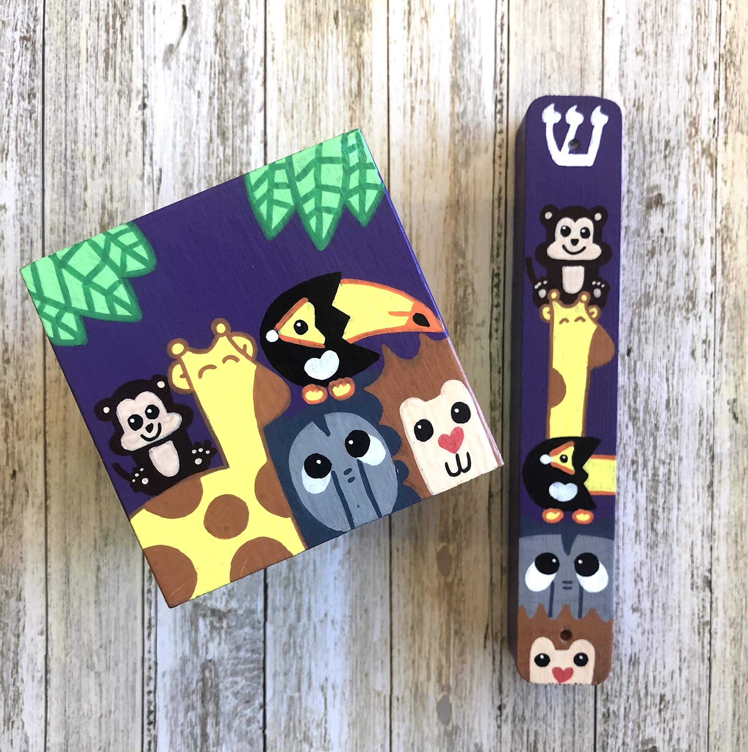 Jewish Baby Gift Set - Mezuzah, Hamsa & Tzedakah Box with Zoo Animals in Dark Purple | Perfect for Baby Showers, Bris Ceremonies & Jewish Holidays
