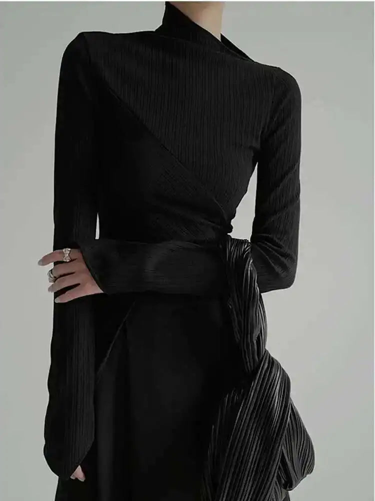 Women's Black Irregular High Elastic Knit Turtleneck Sweater Long Sleeve Pullover - Trendy Spring & Fall 2025 Fashion (1DF490) | Perfect for Office Wear, Casual Outings & Layering