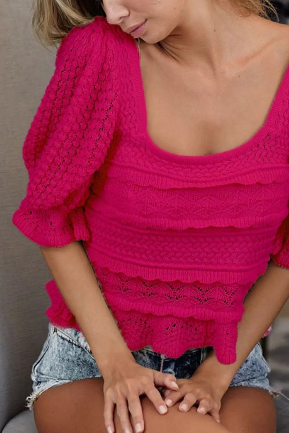 BiBi Square Neckline Puff Sleeve Crochet Top Women's Summer Boho Blouse - Perfect for Beach Vacations, Music Festivals & Date Nights