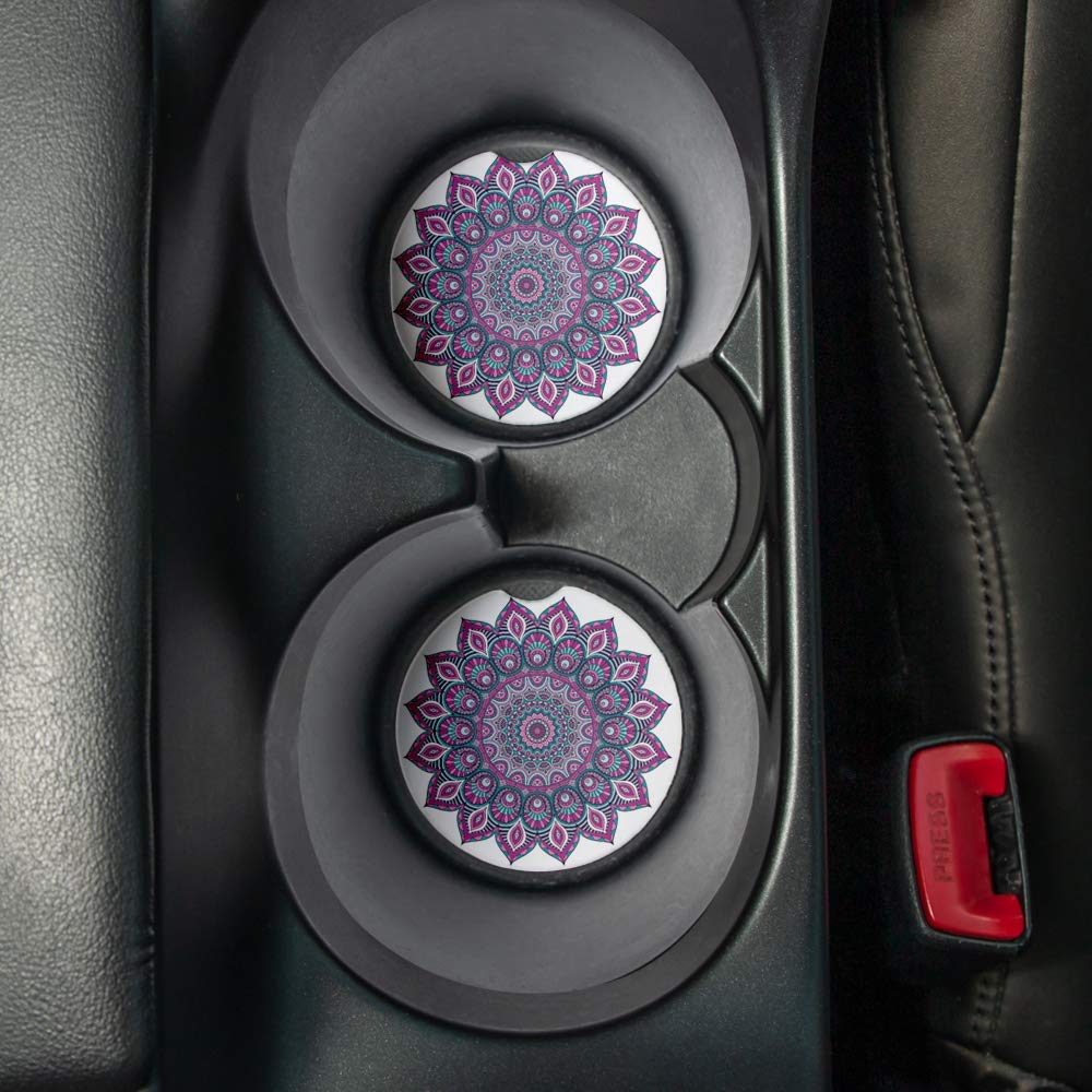 Purple Teal Mandala Car Coasters Set of 2 - Absorbent Drink Coasters with Non-Slip Rubber Backing (2.56 Inch) - Perfect Car Accessories for Coffee, Soda & Water Bottles - Great for Road Trips & Commuting
