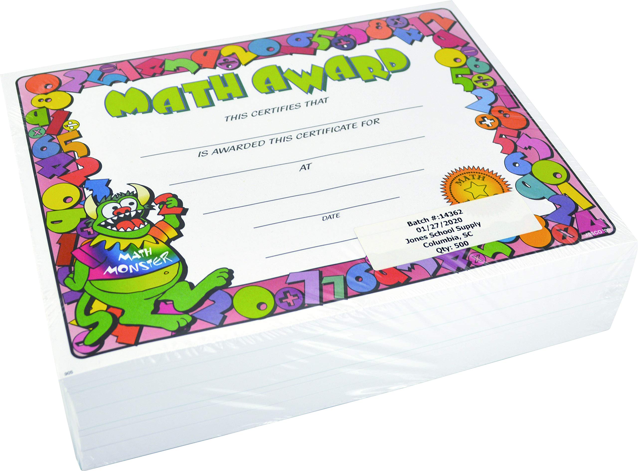 Jones School Supply - Set of 500 Colorful Math Achievement Certificates for Elementary Students - Perfect for Classroom Awards, Math Competitions & End-of-Year Recognition