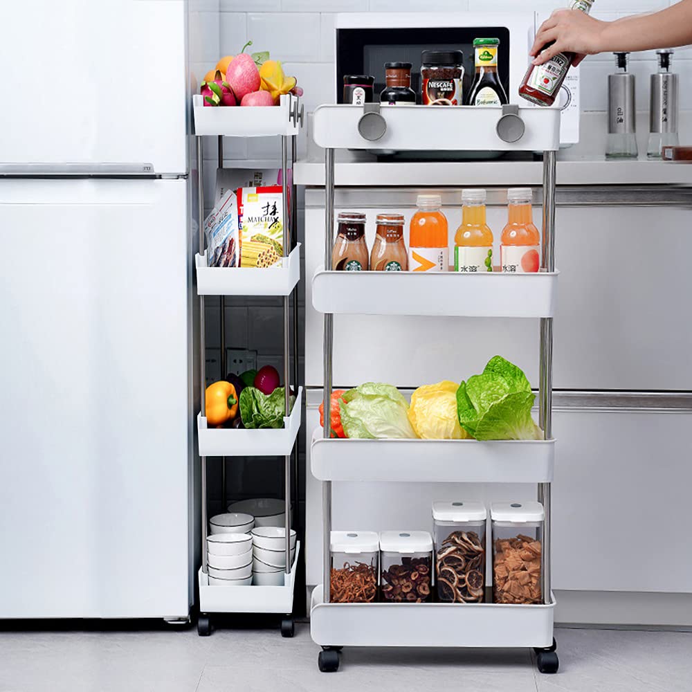 4-Tier Slim Rolling Storage Cart with Wheels - Mobile Shelving Unit for Bathroom, Kitchen, Laundry Room - Space-Saving Organizer for Small Spaces - White | Perfect for Narrow Areas & Closet Organization