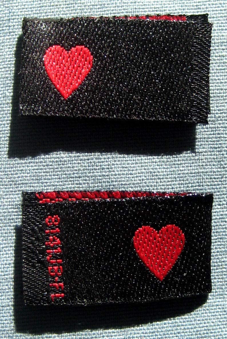 50 PCS Woven Clothing Labels - Double Sided Folded Sewing Tags with Red Heart Design for DIY Garments, Apparel & Crafts - Perfect for Branding, Gift Tags & Handmade Projects