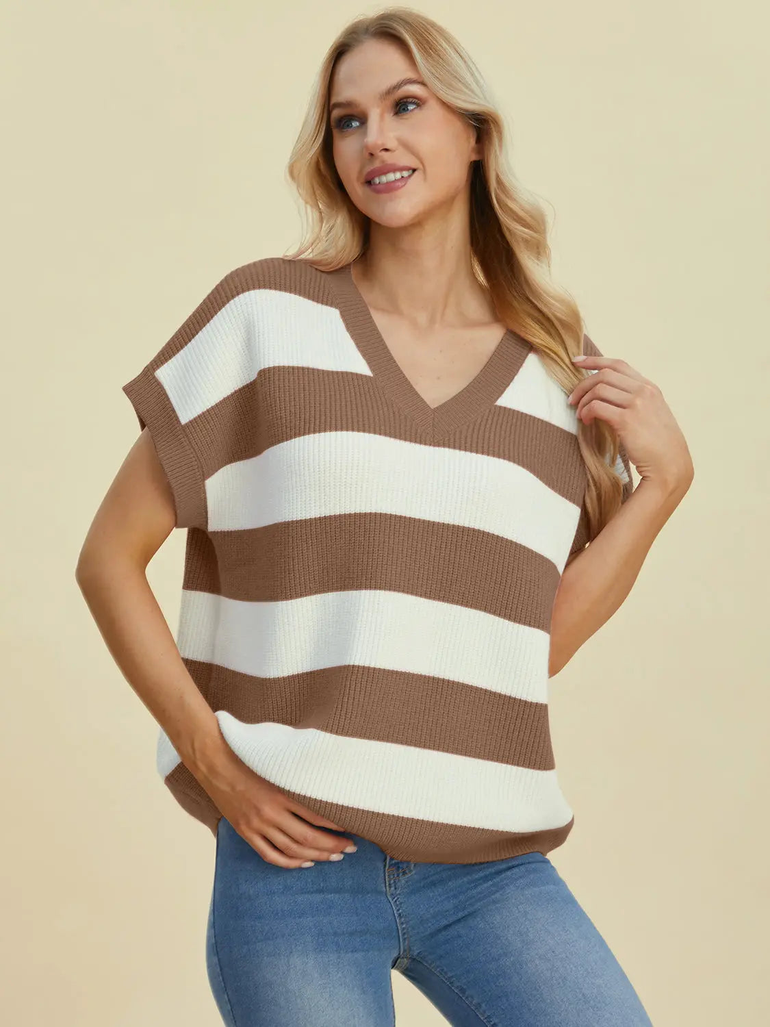 Double Take Full Size Striped V Neck Short Sleeve Sweater for Women - Soft Knit Pullover Casual Top for Spring & Summer Outfits | Office Wear, Date Night, Weekend Brunch