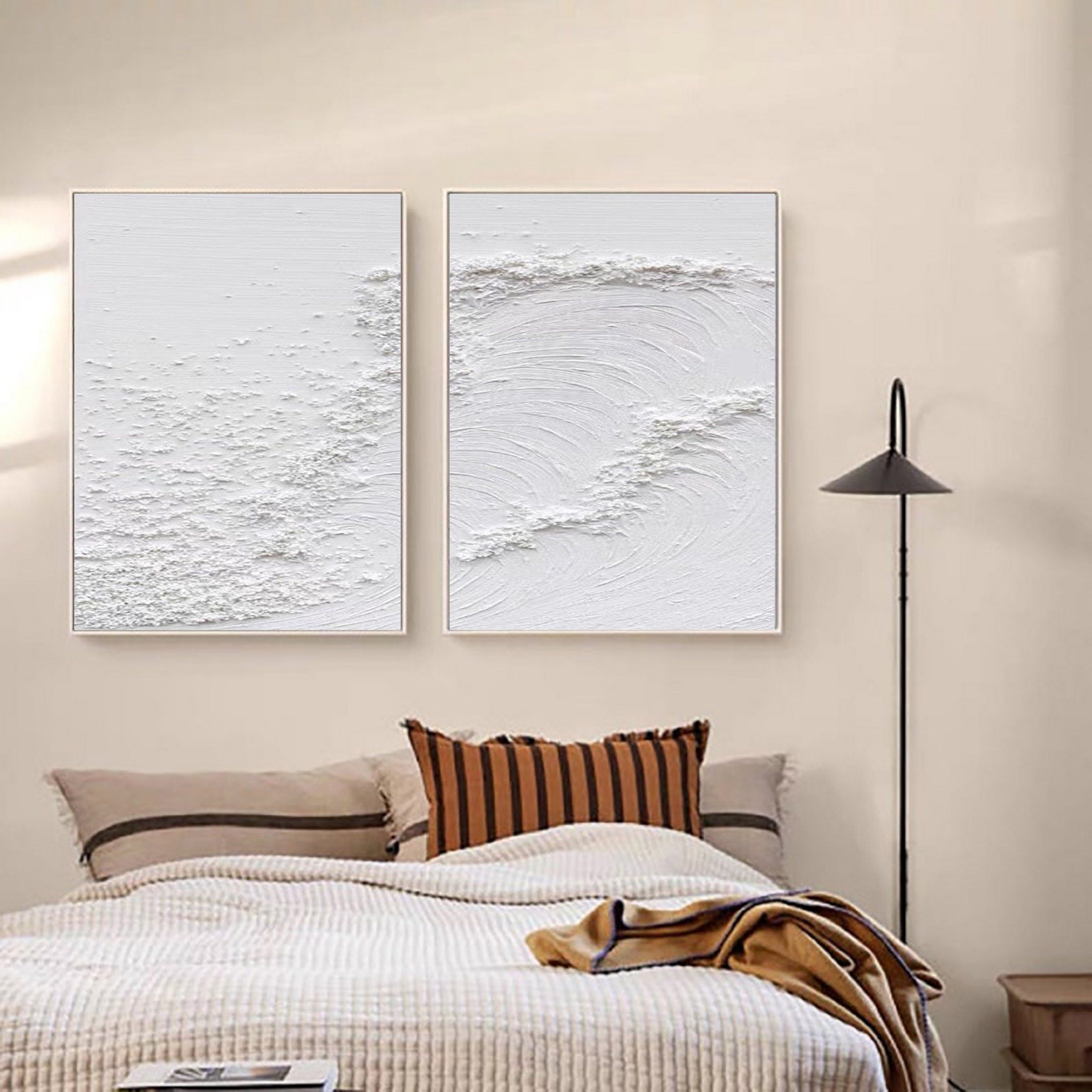 Minimalist White Textured Canvas Paintings - Set of 2 Abstract Wall Art for Modern Home & Office Decor | #MM080