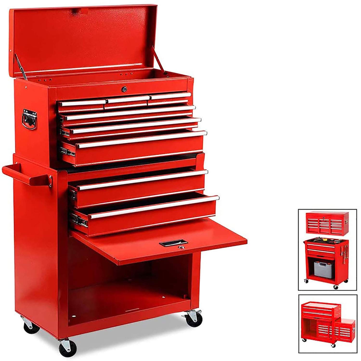8-Drawer Rolling Tool Chest with Wheels & Lock - Heavy Duty Mobile Tool Storage Organizer for Workshop, Garage, Mechanics | Detachable Toolbox with Large Capacity for Tools & Equipment (Red) - Perfect for Professional Mechanics, DIY Enthusiasts & Home Garage Organization