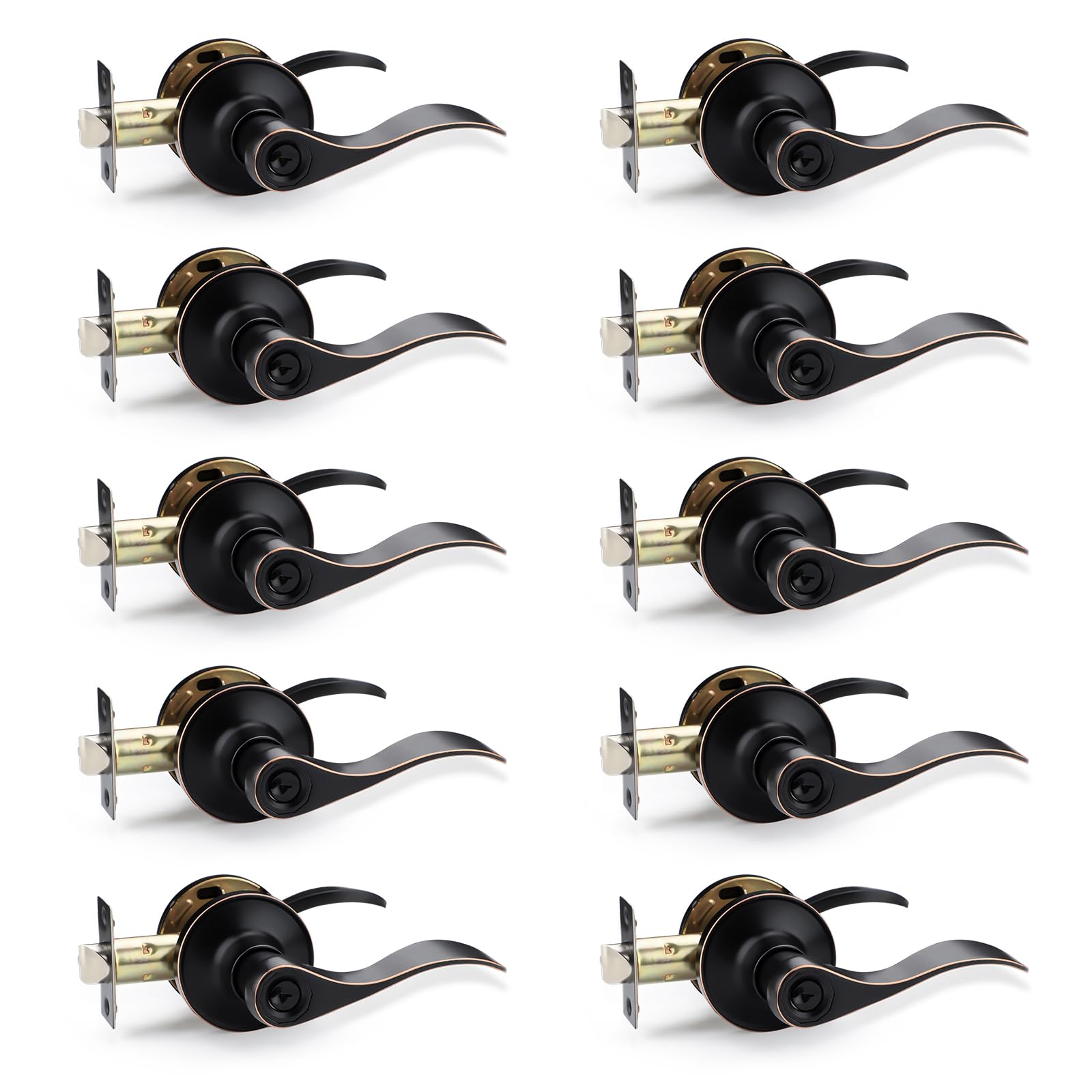 10 Pack Interior Door Handles with Lock and Keys - Keyed Alike Bedroom & Bathroom Door Knobs Set - Oil Rubbed Bronze Finish - Right/Left Handed Lever Door Locks for Home, Office & Apartment Security