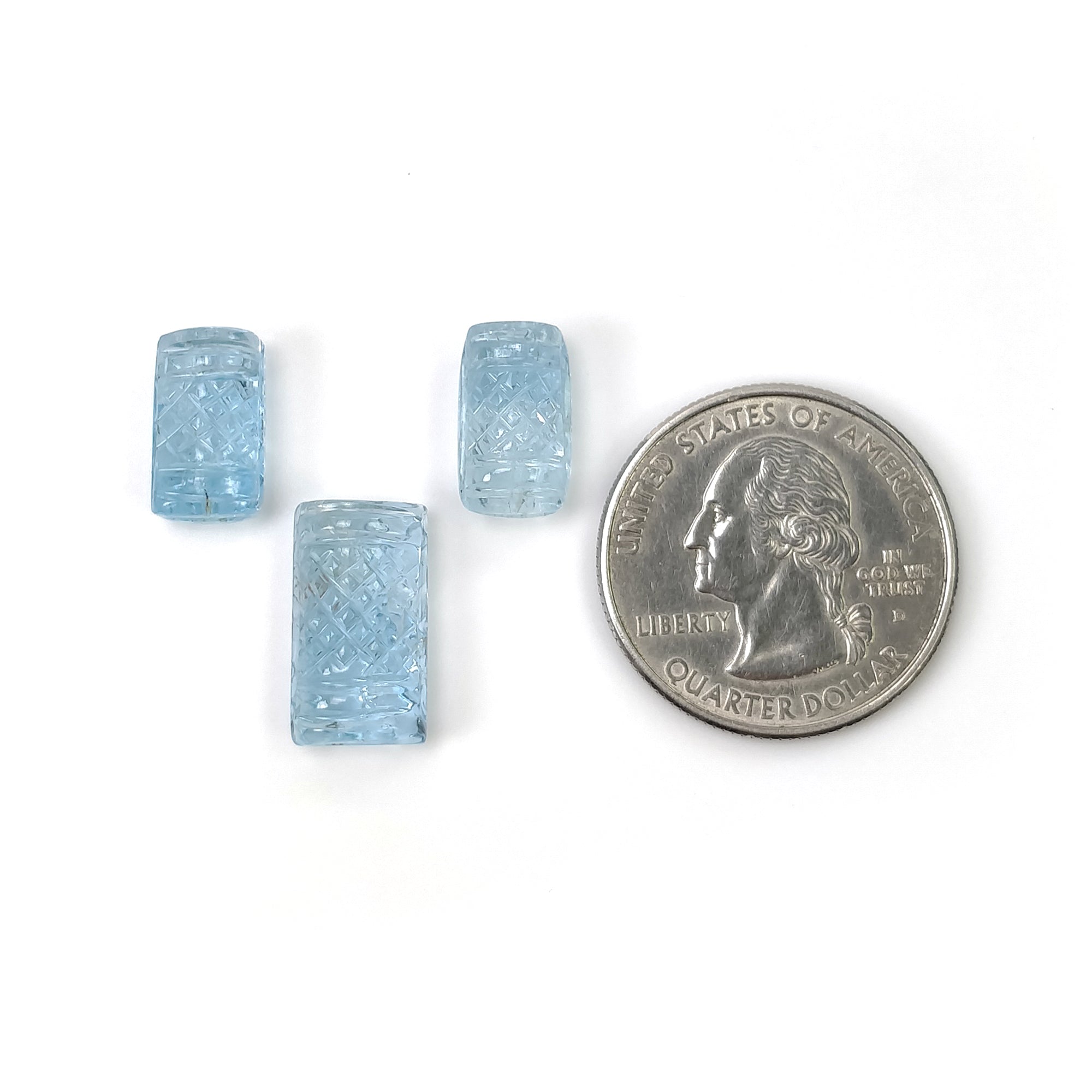 Natural Blue Aquamarine Gemstone Carving - 17.50cts Untreated Milky Aqua Hand-Carved Cushion (13.5x8mm & 16.5x9.5mm, 3pcs) - Perfect for Jewelry Making, Healing Crystals & Collectibles