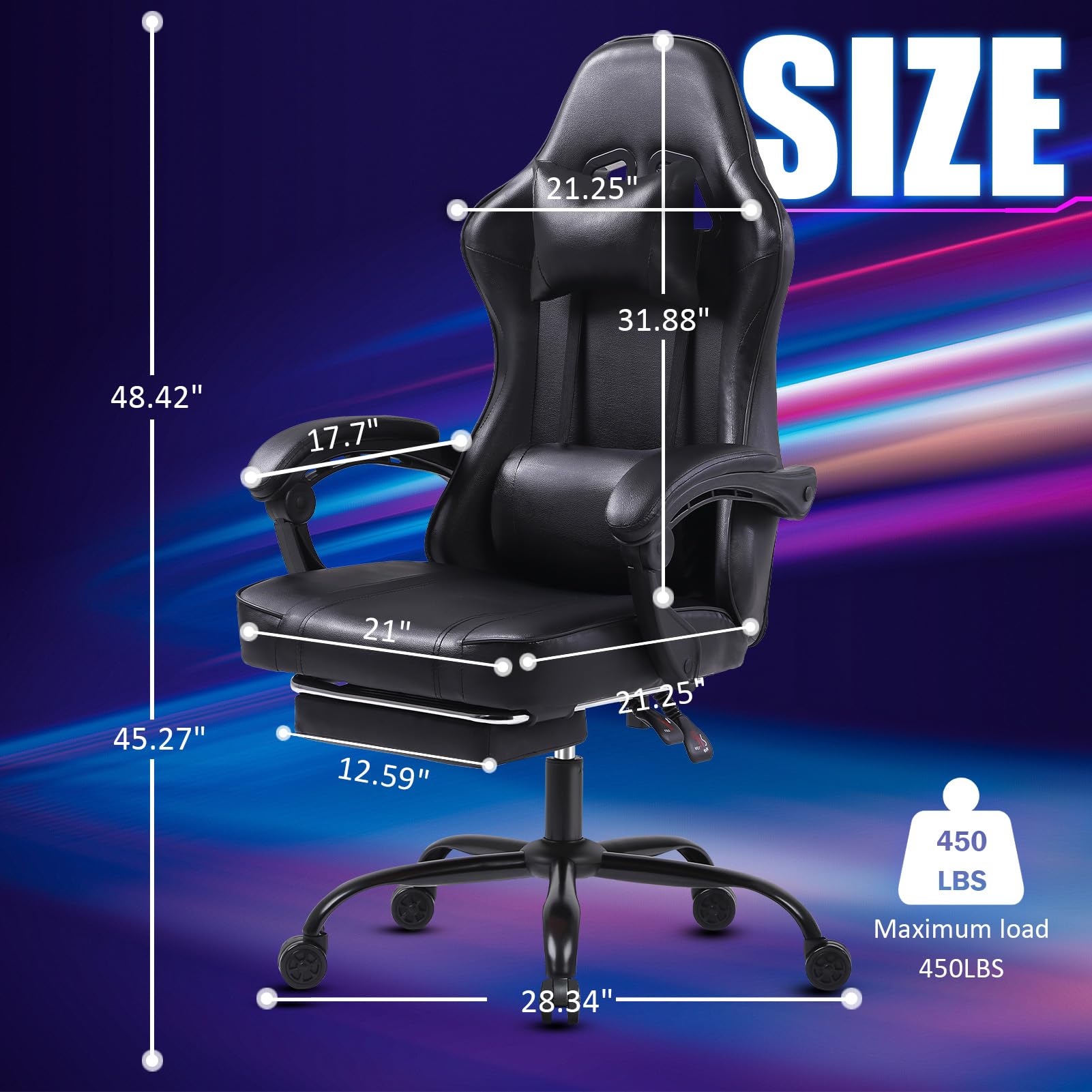 Premium Ergonomic Gaming Chair for Adults - High Back Computer Office Chair with Adjustable Lumbar Support & Footrest - 350LBS Weight Capacity - Black - Perfect for PC Gaming, Streaming, and Long Work Sessions