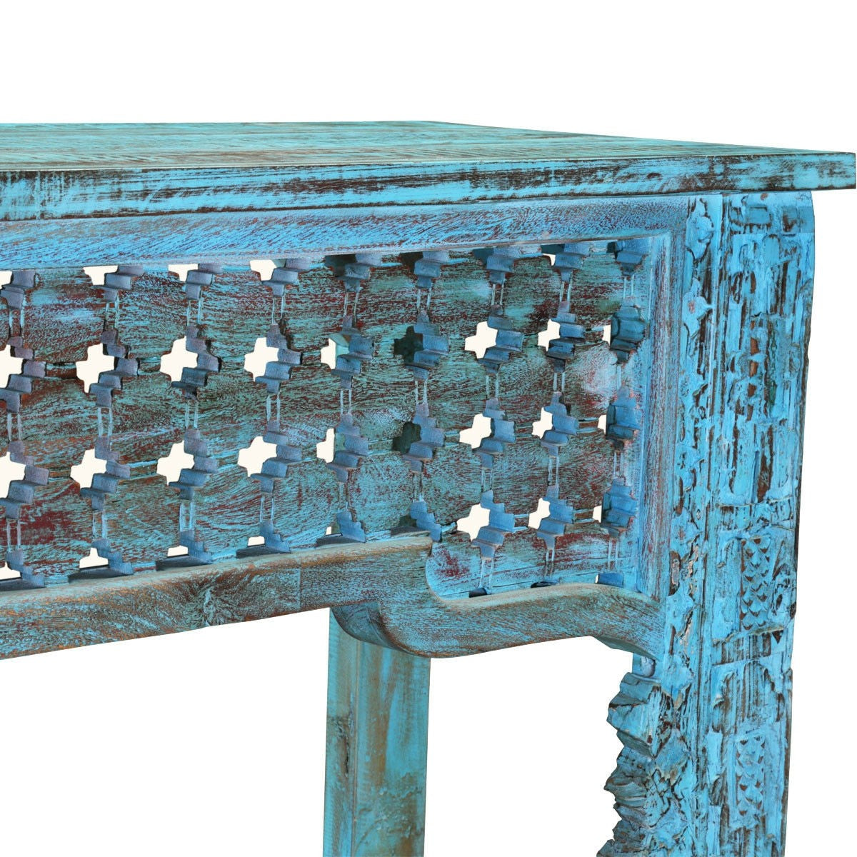 Hand Carved Solid Wood Hall Side Table - Rustic Blue Finish - Entryway, Living Room & Bedroom Accent Furniture