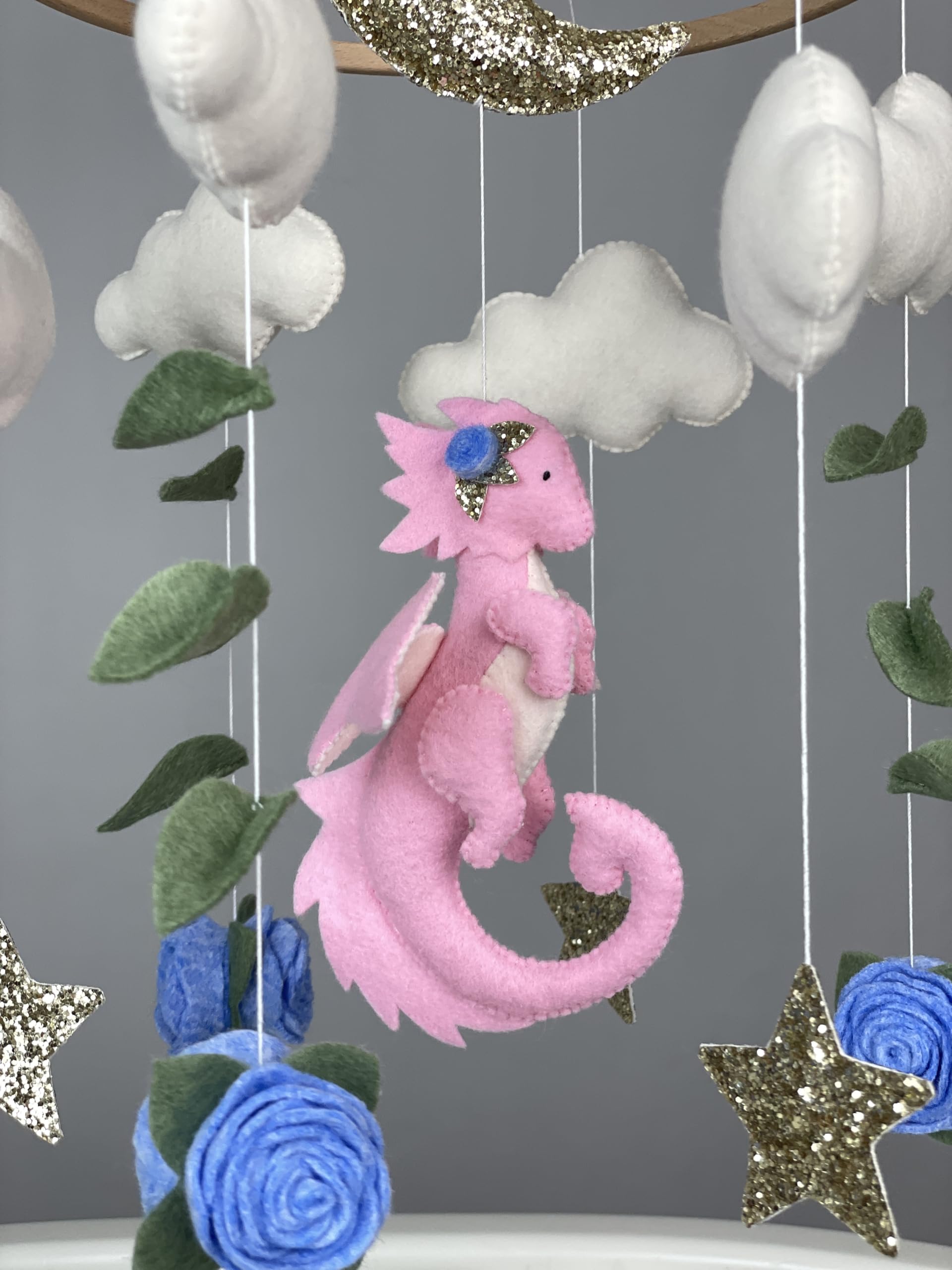 Pink Dragon Baby Crib Mobile - Fantasy Nursery Decor, Felt Dragon & Flower Mobile for Baby Girls - Perfect for Baby Showers & Newborn Gifts | Nursery Decor, Baby Room Theme, Infant Visual Stimulation