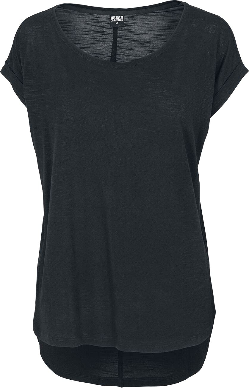 Women's Long Back Shaped Slub T-Shirt - Soft Casual V-Neck Tee for Everyday Wear, Lounge & Street Style (Black, XS)
