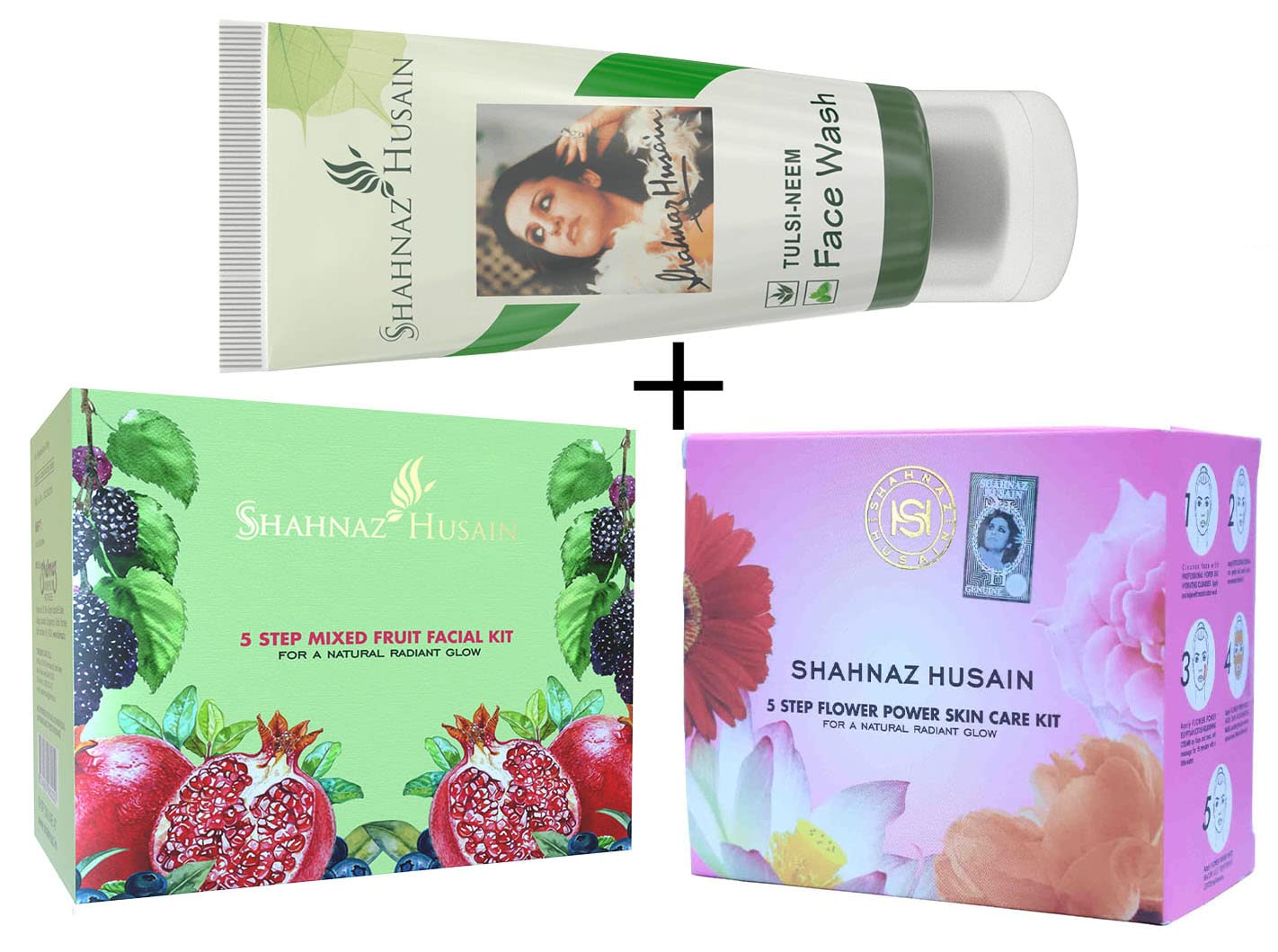 Shahnaz Husain 5-Step Flower Power Skin Care Kit & Mixed Fruit Facial Set with Tulsi Neem Face Wash - Natural Glow for Dry & Sensitive Skin | DIY Spa Day at Home