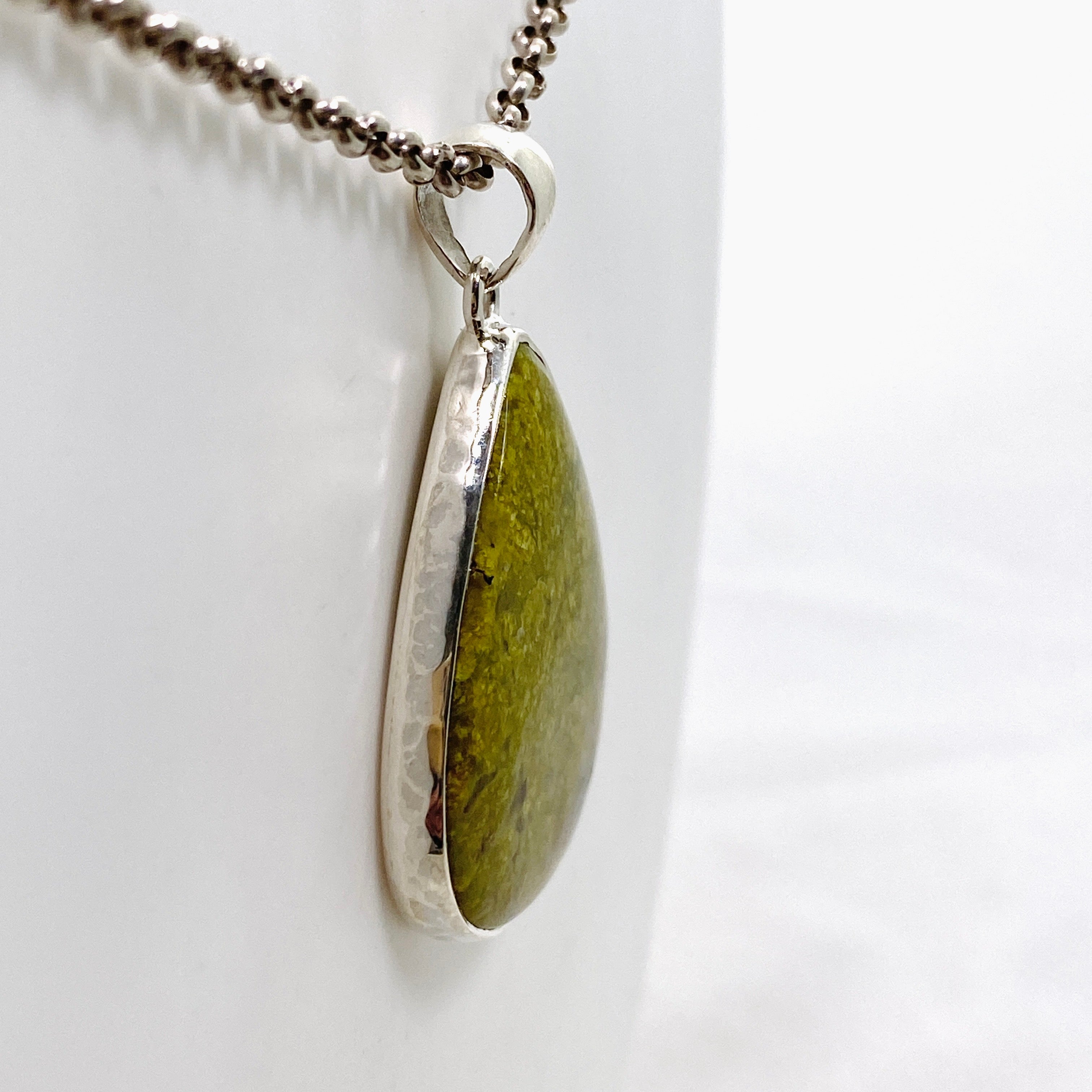 Natural Green Opal (Madagascar) Teardrop Cabochon Pendant Necklace - Handcrafted Hammered Sterling Silver Setting KPGJ4665 - Perfect for Boho Jewelry, Gift Giving & Special Occasions