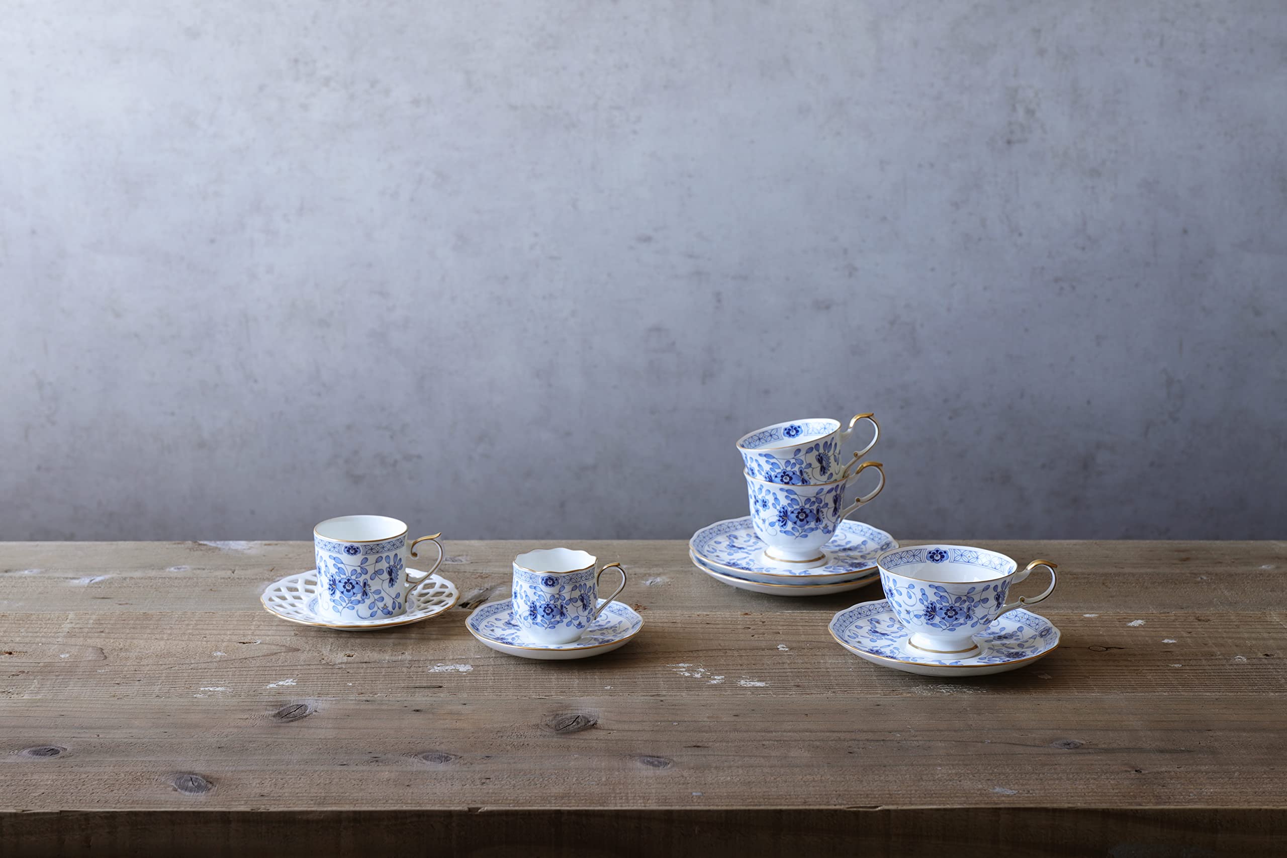 Narumi 9682-20894 Blue Floral Plum Blossom Coffee Cup and Saucer Set - 5.3 fl oz (160cc) - Japanese Porcelain Tea Cup Pair with Gift Box - Perfect for Wedding Gifts, Afternoon Tea, and Home Decor