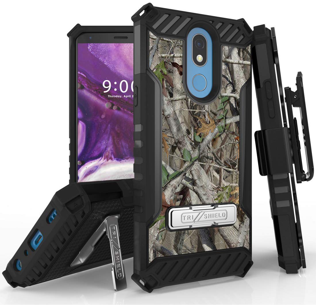 Rugged Tri-Shield Hunter Series Case with Metal Kickstand & Belt Clip Holster - Outdoor CAMO Tree Design for LG Harmony 3 / K40 / Solo LTE (LMX420, L423DL, X420) - Perfect for Outdoor Adventures & Daily Protection