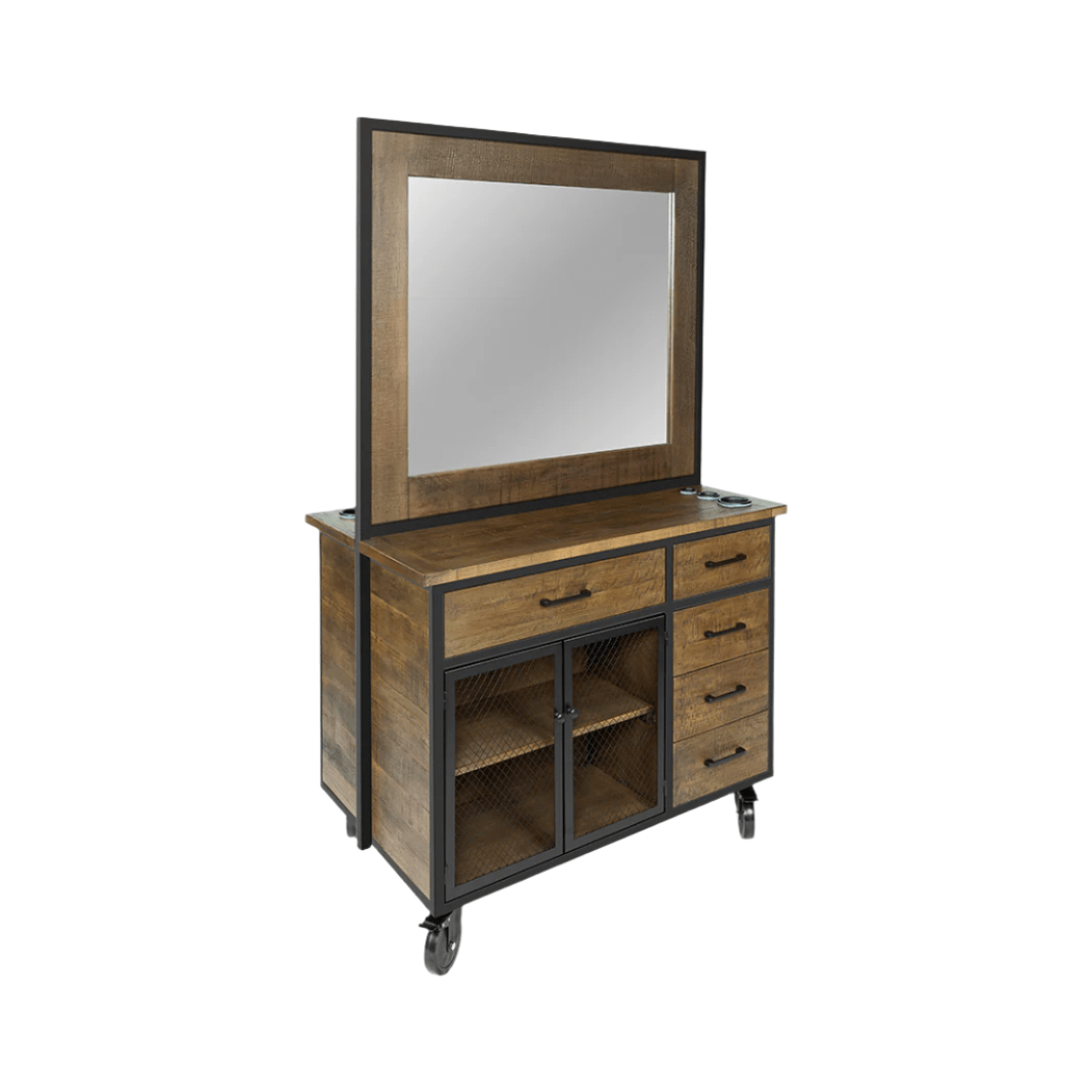 Sierra Reclaimed Double Sided Styling Station - Professional Salon Vanity with Mirror & Storage for Hair Stylists & Makeup Artists - Perfect for Home Salons & Beauty Studios