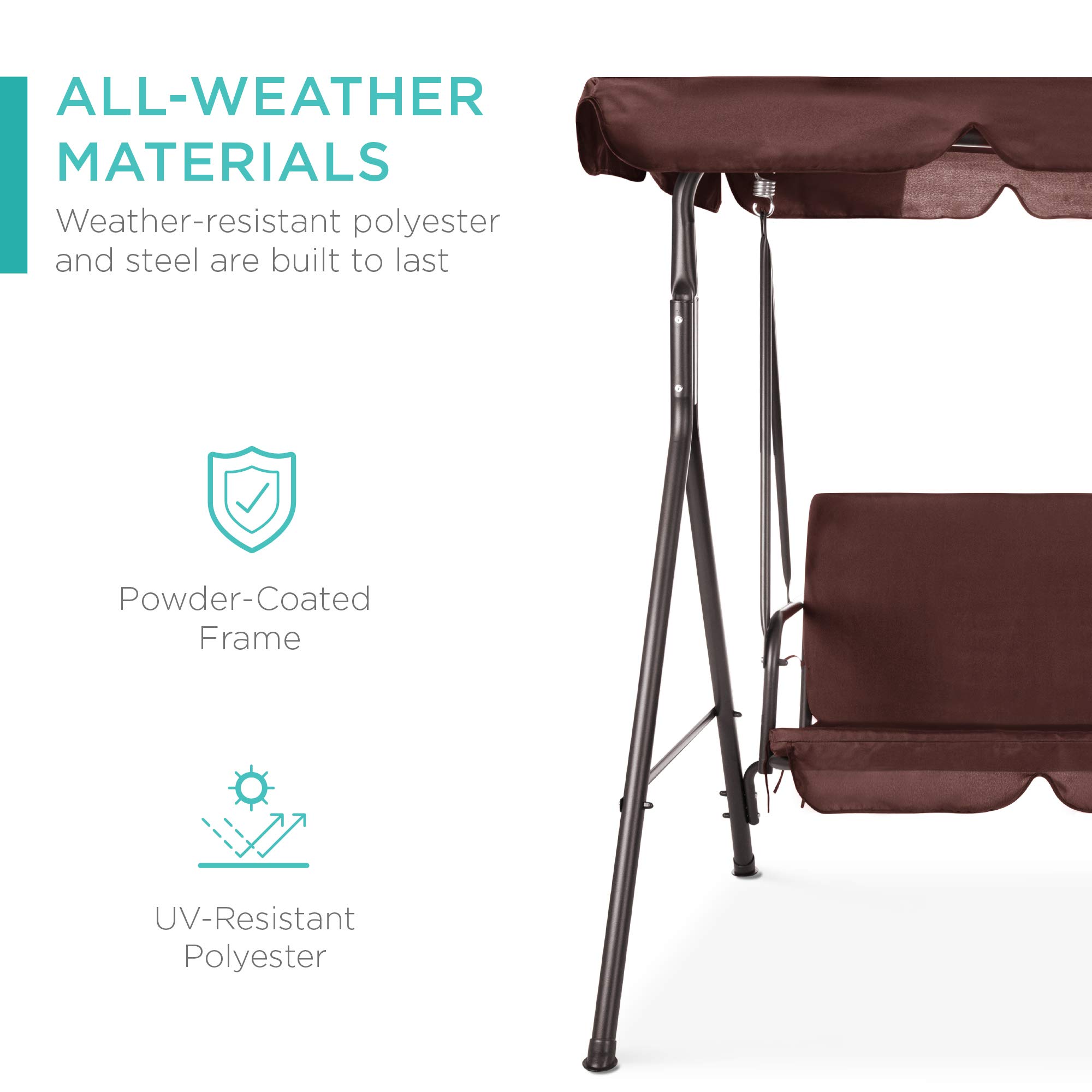 Best Choice Products 2-Person Outdoor Patio Swing Chair with Convertible Canopy - Hanging Glider Porch Bench for Garden, Backyard, Poolside - Adjustable Shade & Removable Cushions - Brown - Perfect for Relaxing, Lounging and Outdoor Entertaining