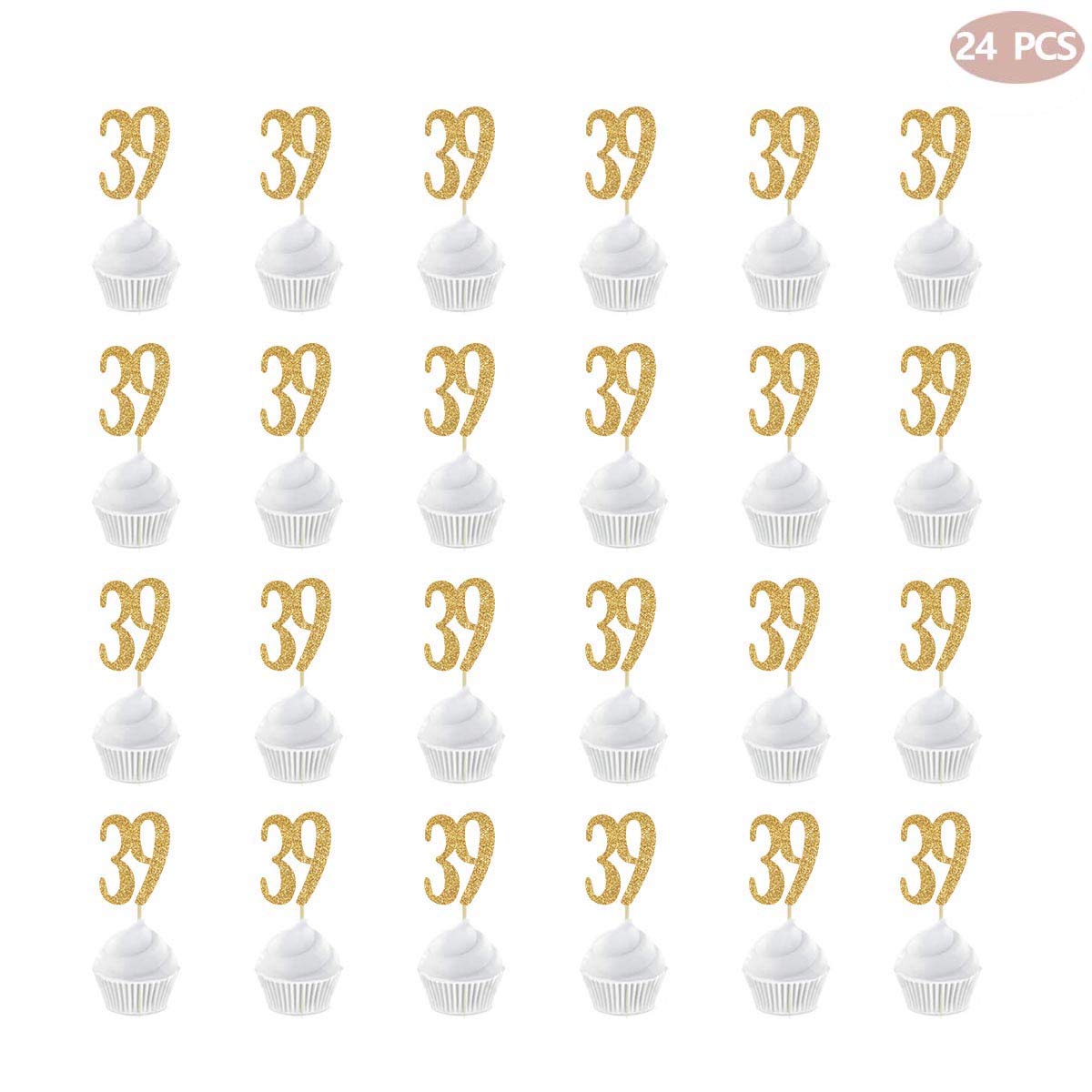 24-Pack Gold Happy 39th Birthday Cupcake Toppers with Glitter Numbers - Perfect for 39th Birthday Party Decorations, Cake Toppers & Anniversary Celebrations