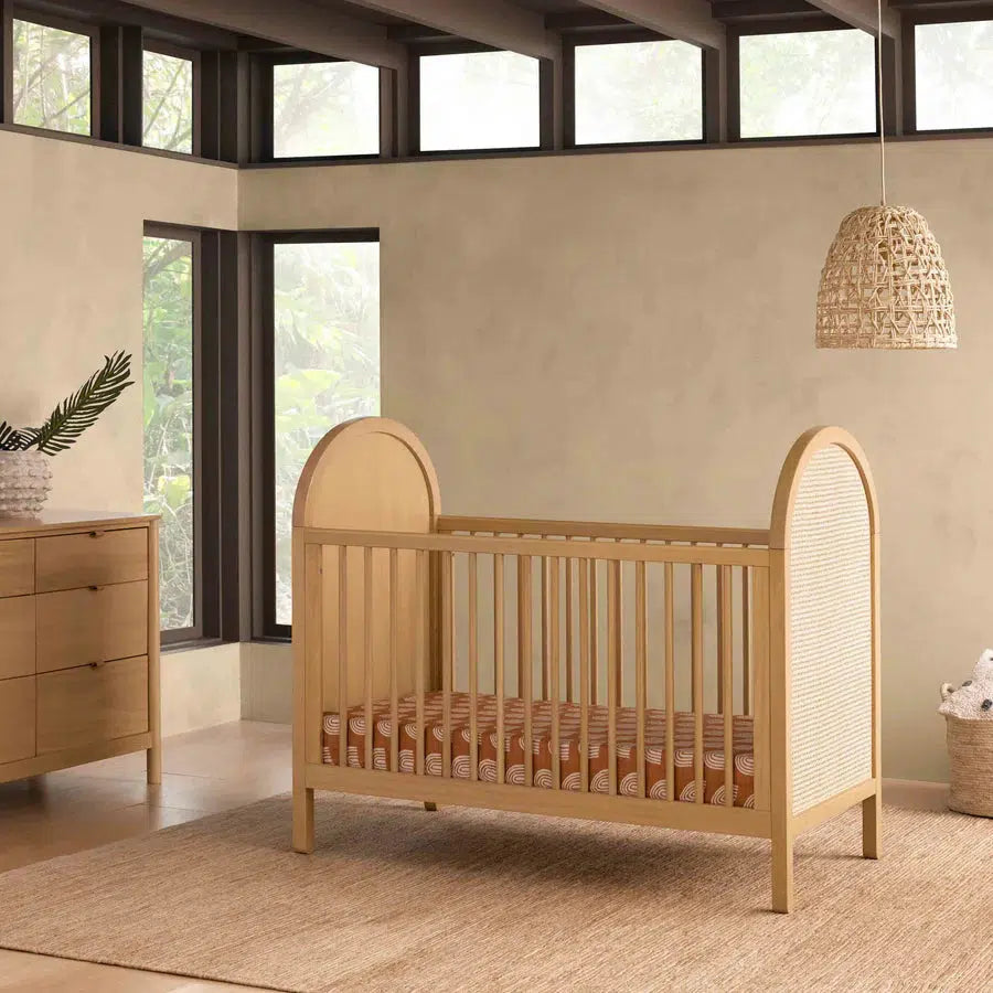 Babyletto Bondi Cane 3-in-1 Convertible Crib in Honey Finish with Natural Cane Weave - Modern Nursery Essential for Newborns to Toddlers